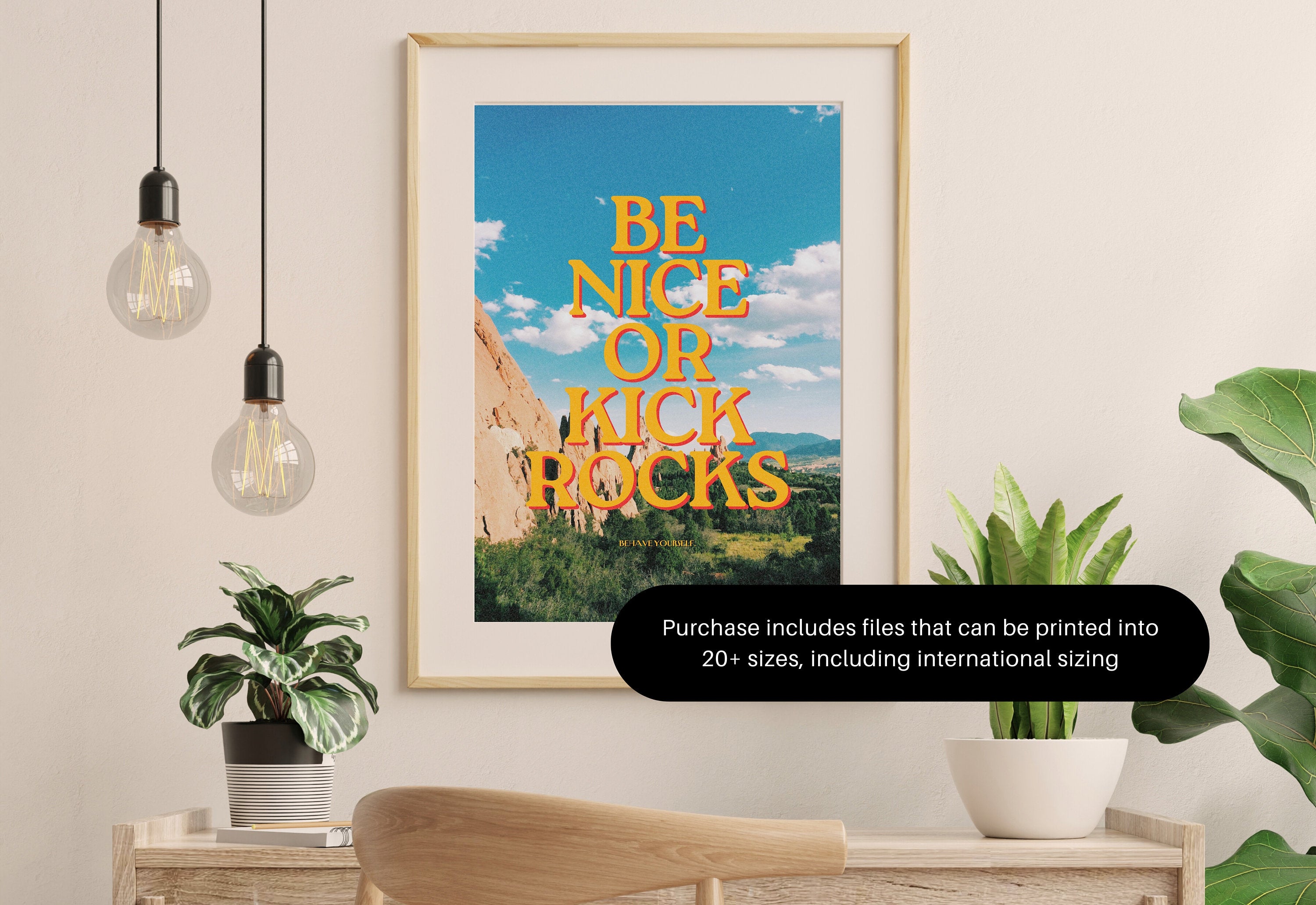 Bold text of Be Nice or Kick Rocks on digital print