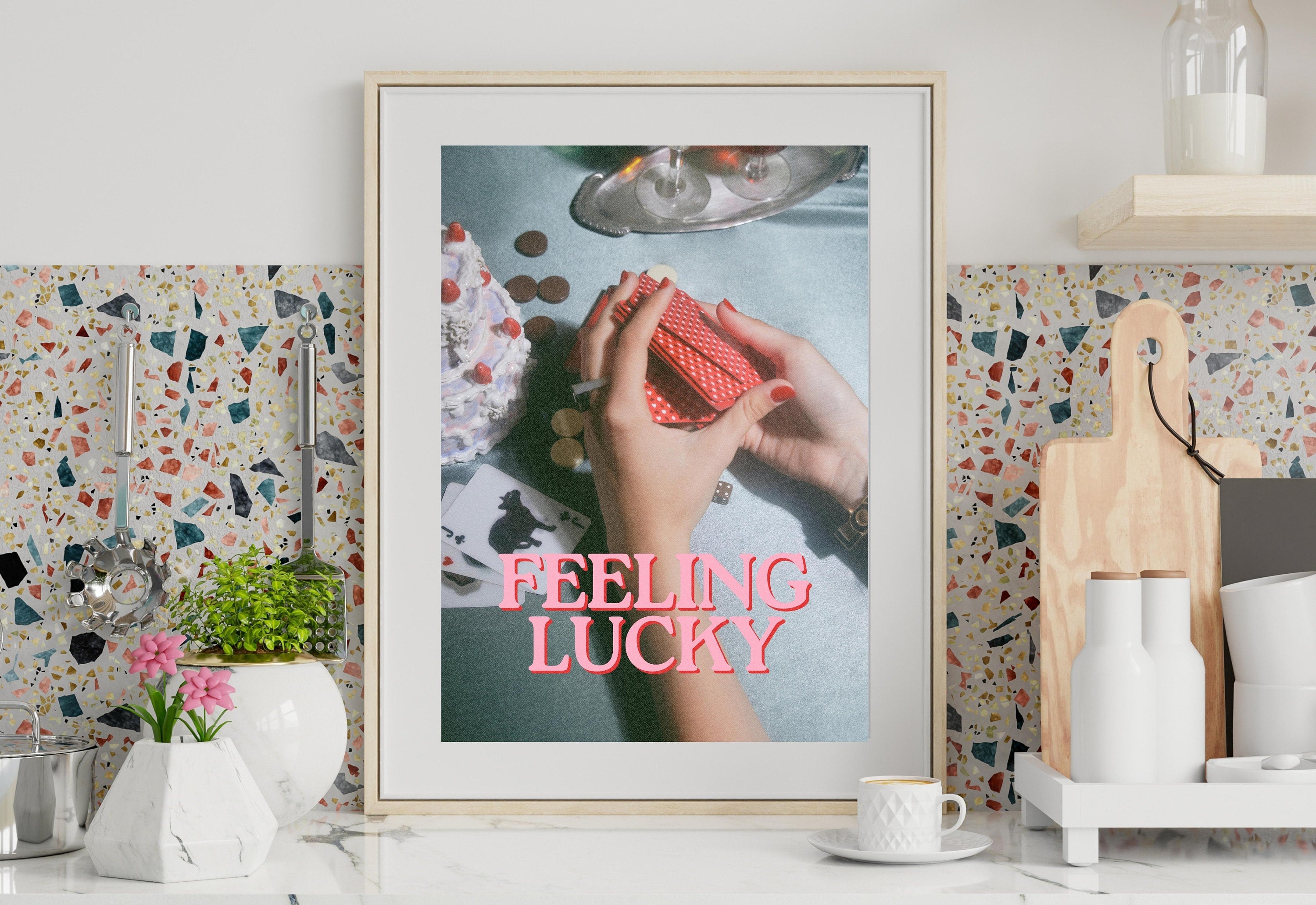 Feeling Lucky Print,Lucky Girl Quote,Retro Card Posters,Lucky Girl Syndrome Art,Trendy Wall Art,Aesthetic Print,Dorm Art,Playing Cards Art