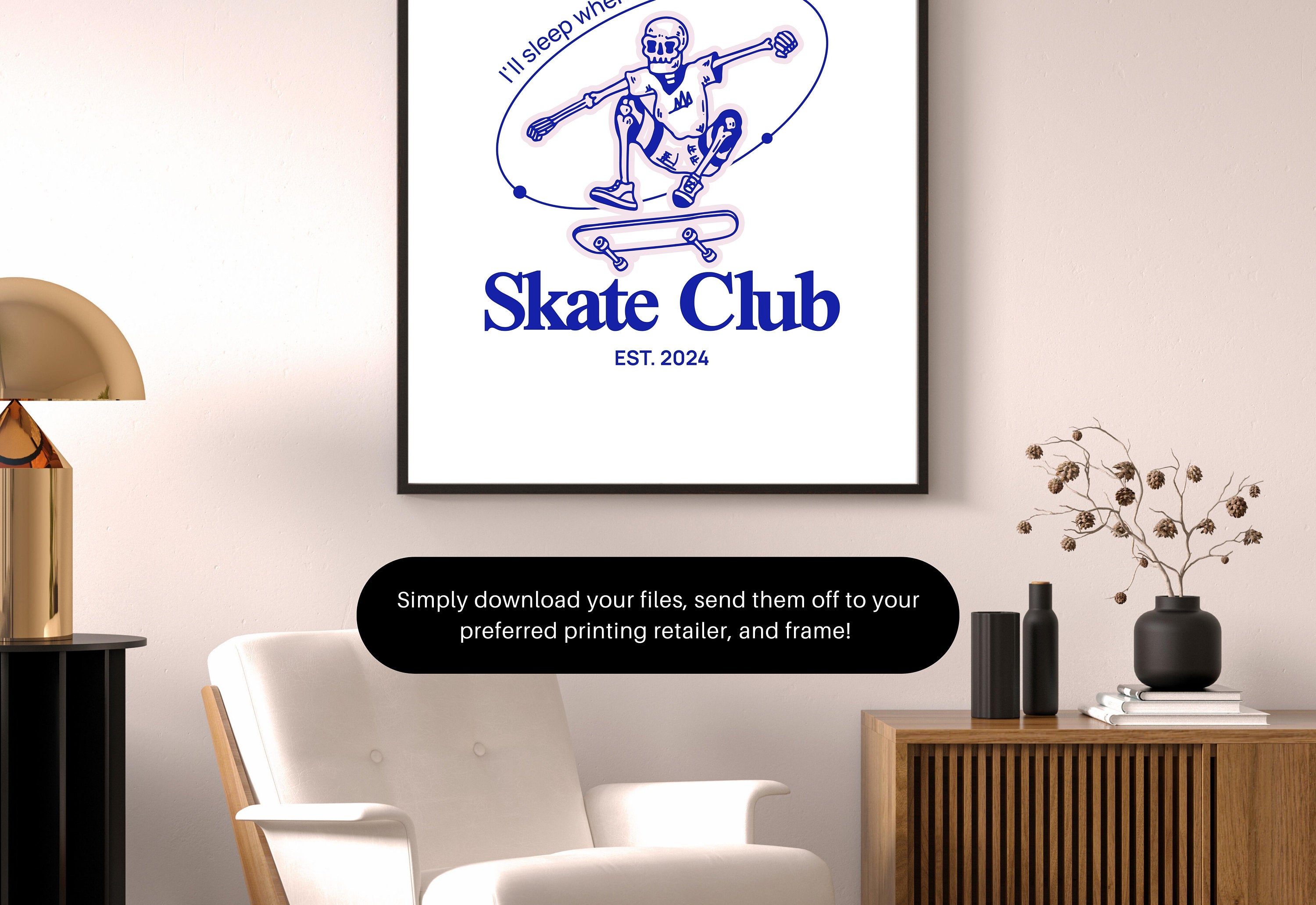 Skater Club-Digital Prints-Retro Art Decor-Cute Cartoon Art-Skull Cartoon Art-Retro Cartoon Art-Cute Boy Room Art-Skull Skateboard