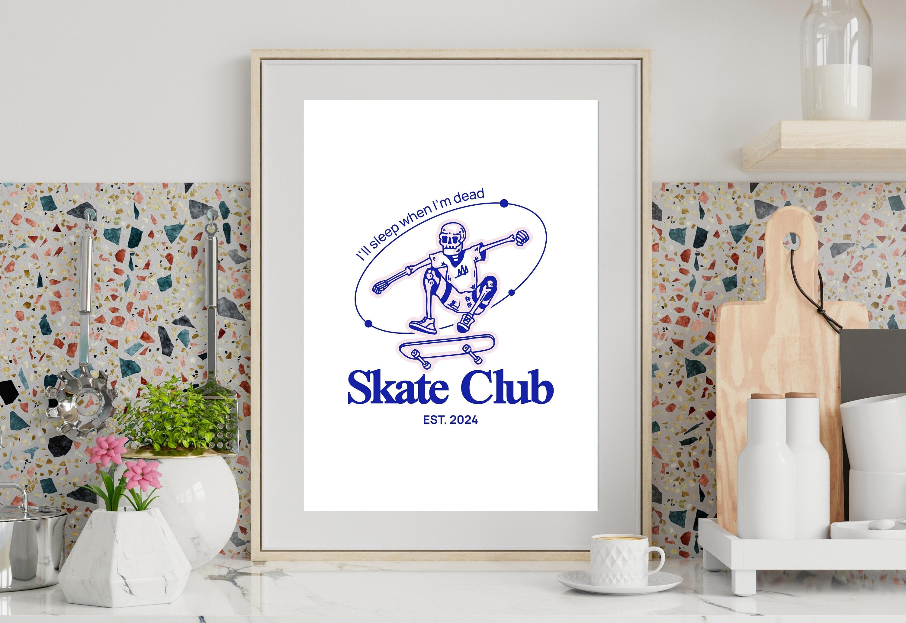 Skater Club-Digital Prints-Retro Art Decor-Cute Cartoon Art-Skull Cartoon Art-Retro Cartoon Art-Cute Boy Room Art-Skull Skateboard