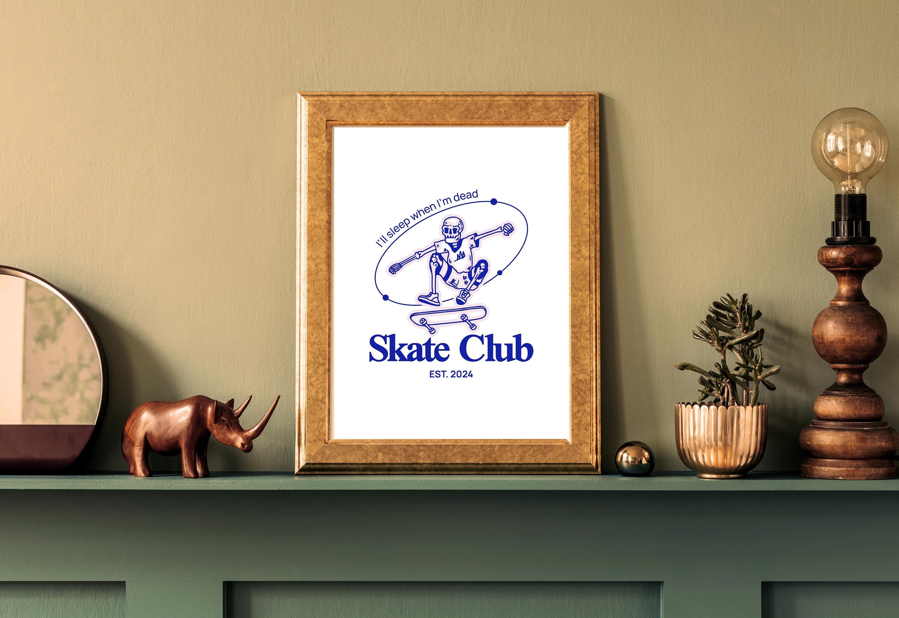 Skater Club-Digital Prints-Retro Art Decor-Cute Cartoon Art-Skull Cartoon Art-Retro Cartoon Art-Cute Boy Room Art-Skull Skateboard