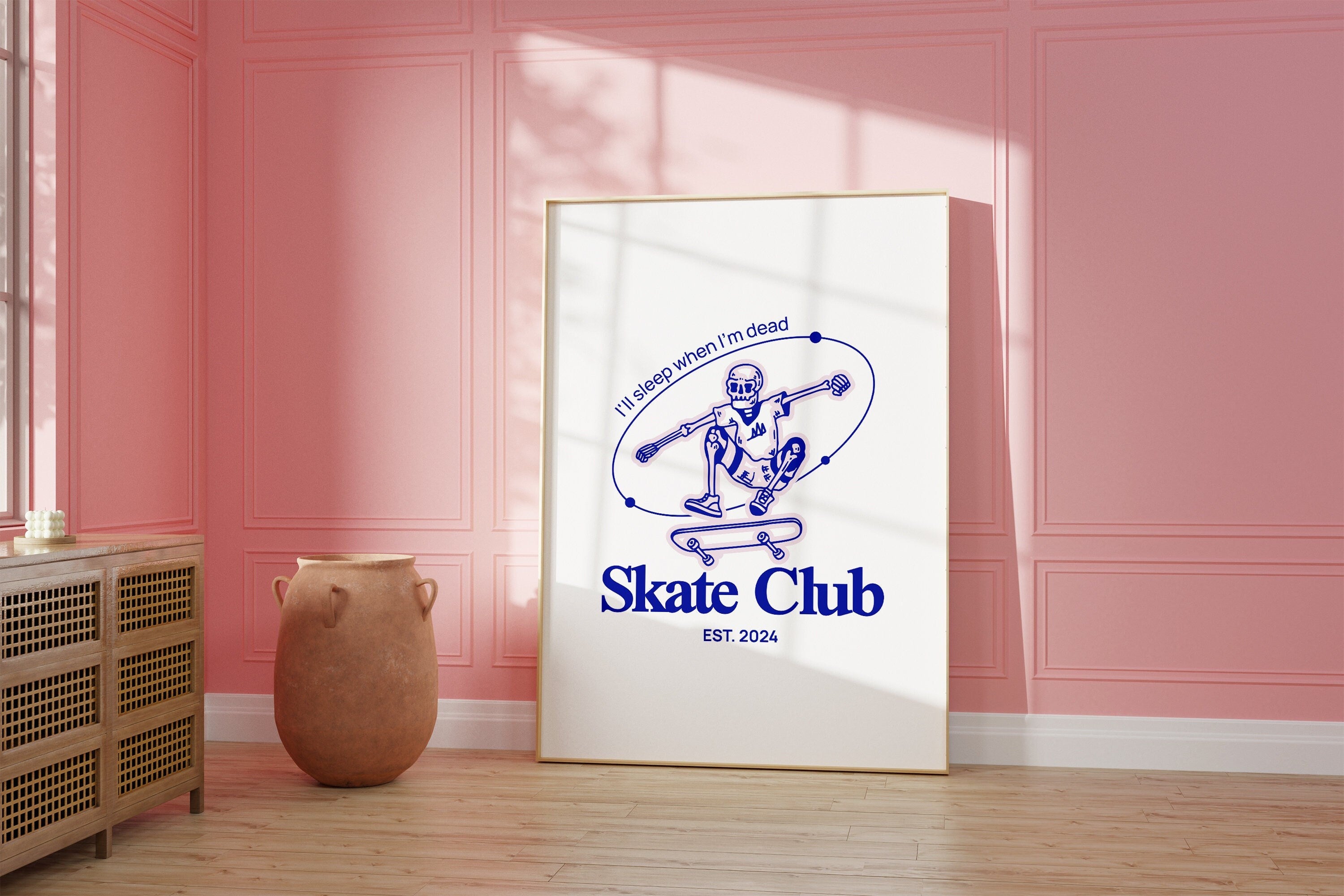 Skater Club-Digital Prints-Retro Art Decor-Cute Cartoon Art-Skull Cartoon Art-Retro Cartoon Art-Cute Boy Room Art-Skull Skateboard