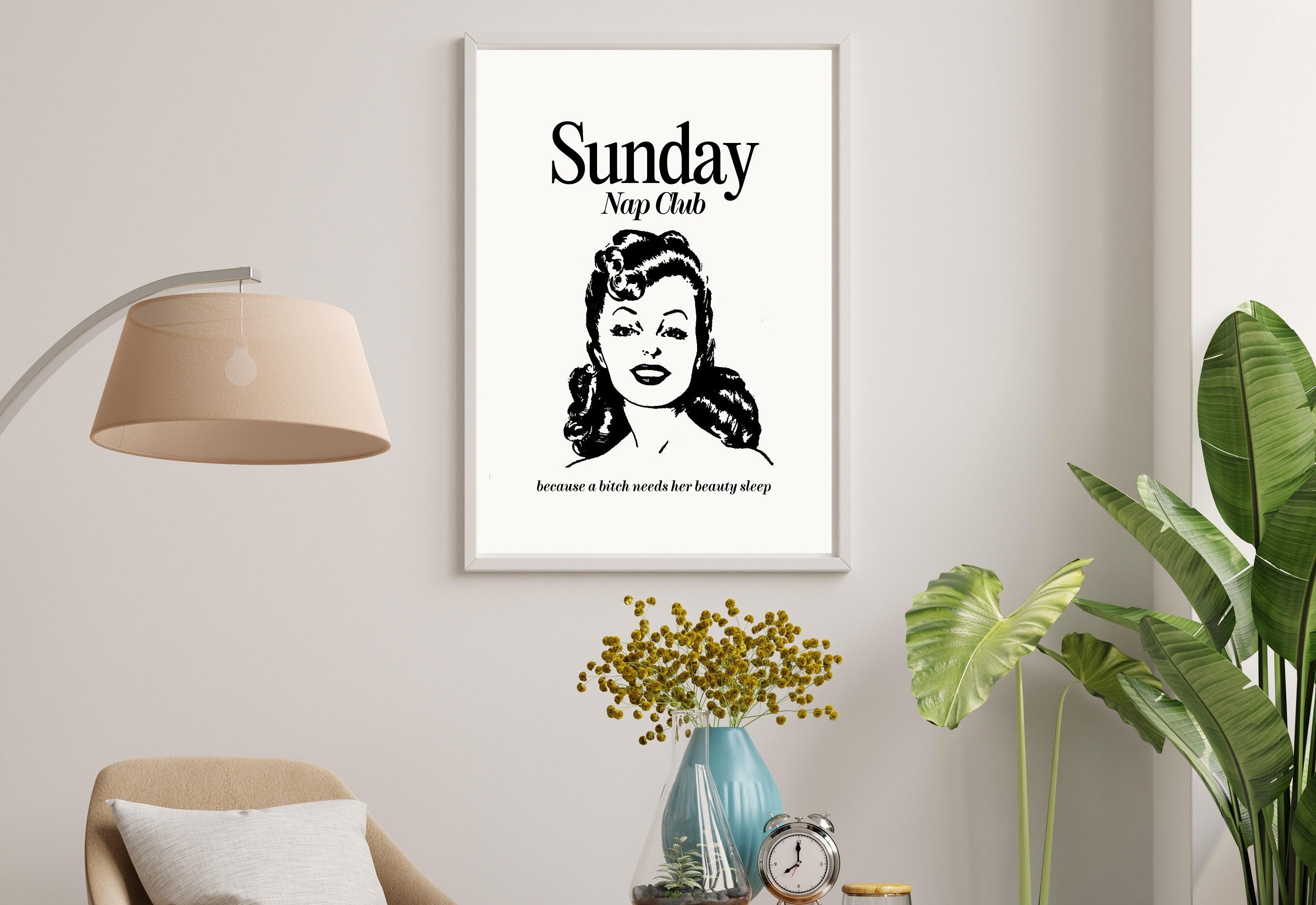 Sunday Nap Club-Large Wall Art-White Wall Print-Retro Cartoon Art-Downloadable Print-Reading Art Prints-Living Room Decor-Funny Wall Art