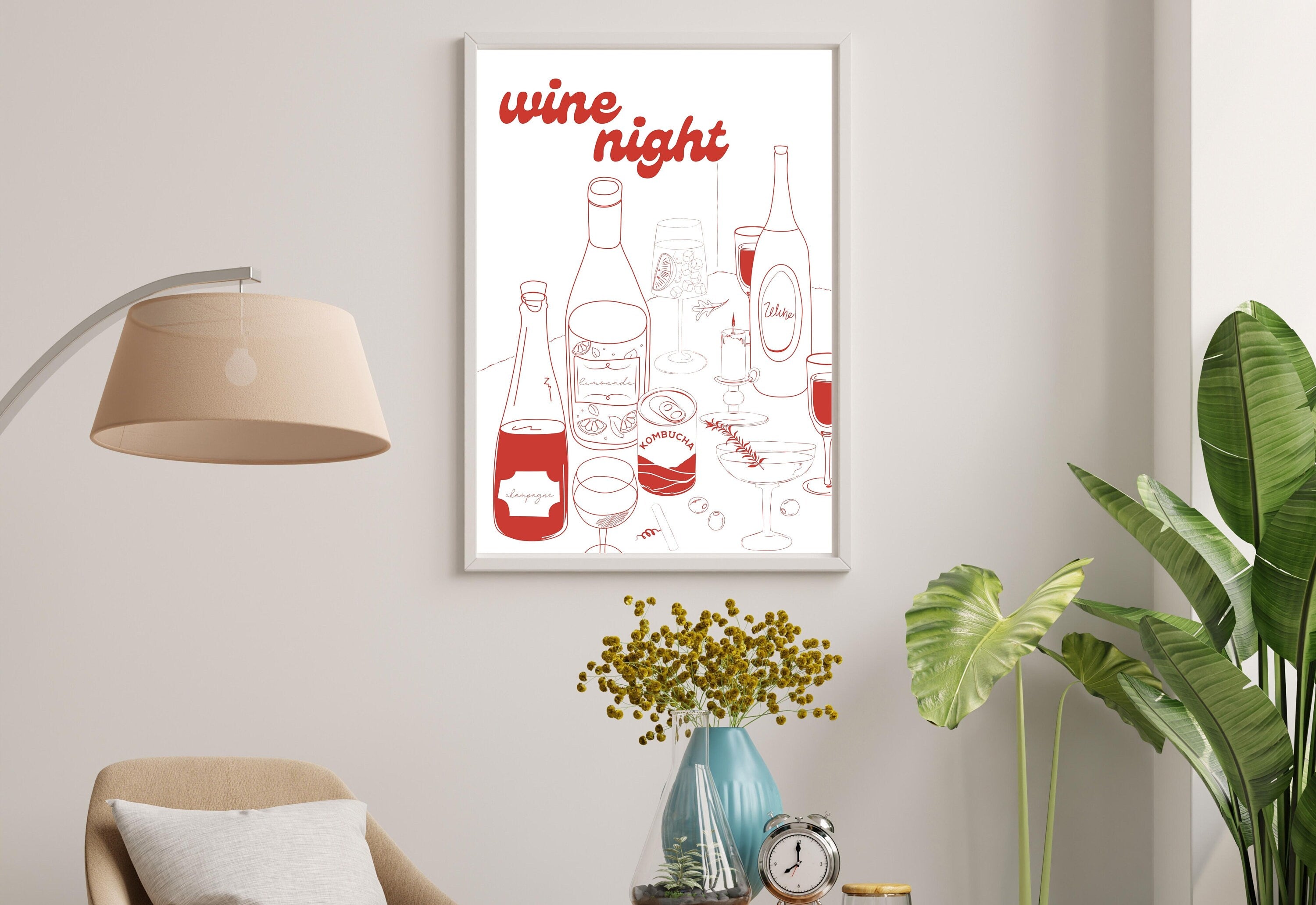 Wine Night-Digital Download-Martini Art-Retro Print-Cheers Art Print-Trendy Art-70s Art Print-Girly Art-Cocktail Art-Preppy Bar Cart Art