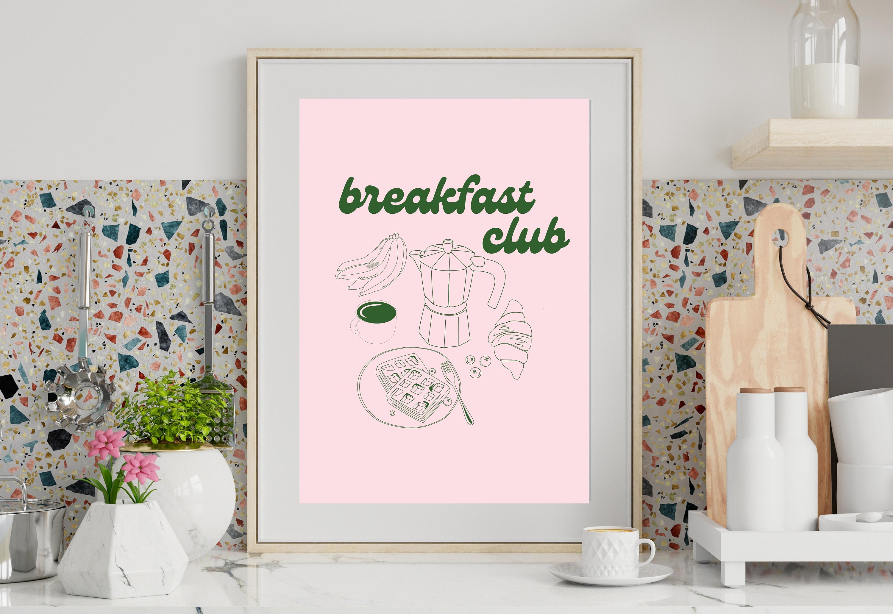 Breakfast Art Print-Digital Download-Food Art-Retro Print-Pink Art Print-Trendy Art-70s Art Print-Girly Art-Trendy Pink Kitchen Art