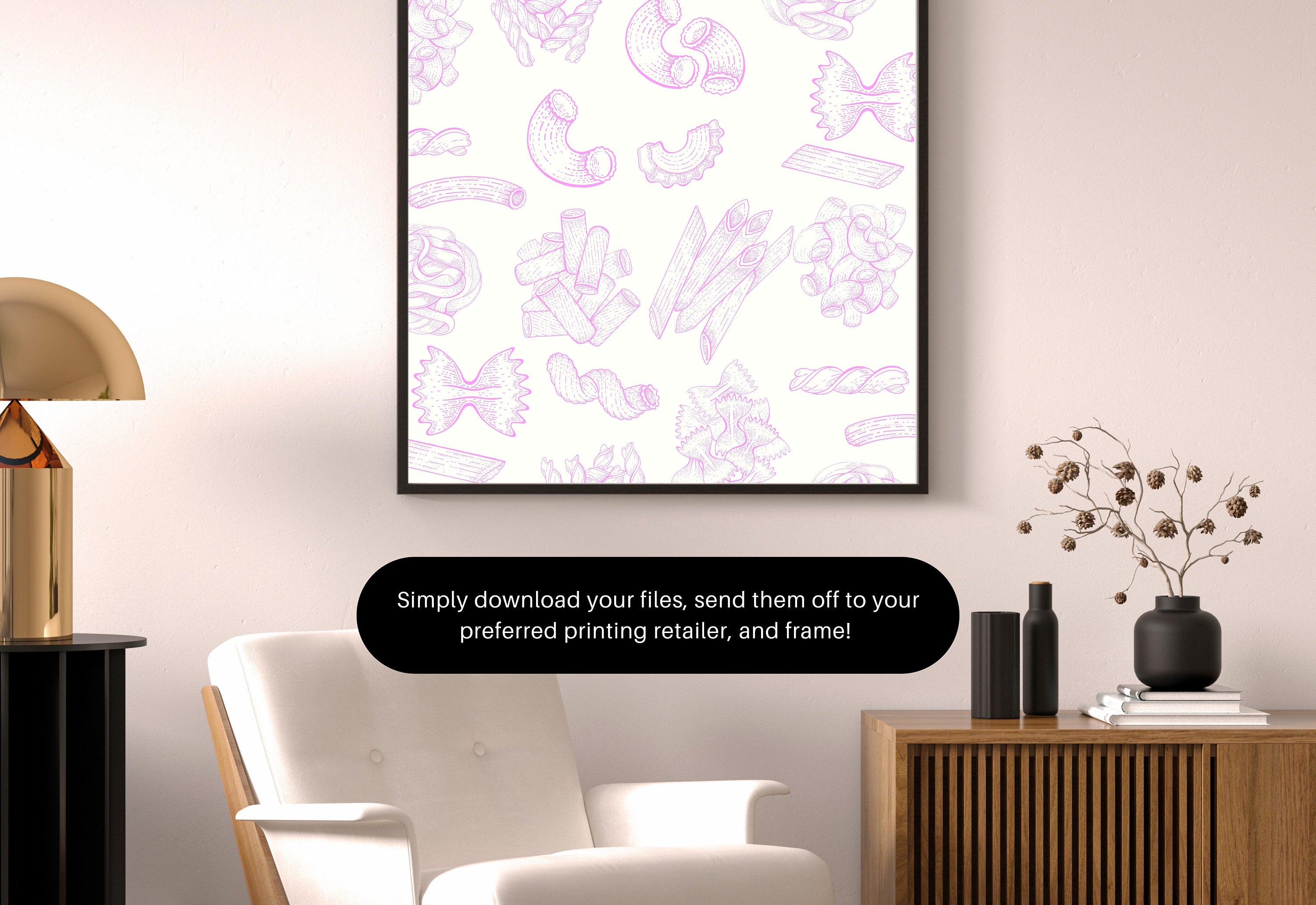 Pasta Art Print, Digital Download, Wall Art Print,Digital Food Art Print,Trendy Wall Art Print,Kitchen Wall Art Print, Pink Kitchen Decor