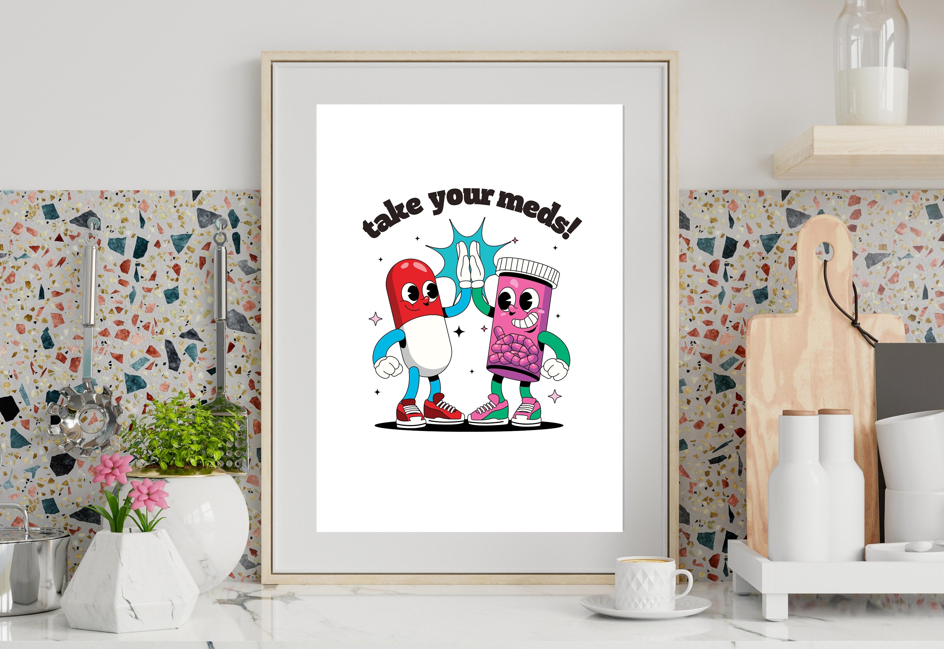 Take Your Meds-Digital Download-Wall Print-Retro Art-Downloadable Print-Trendy Art-70s Art Print-Retro Character-Mental Health Art Print