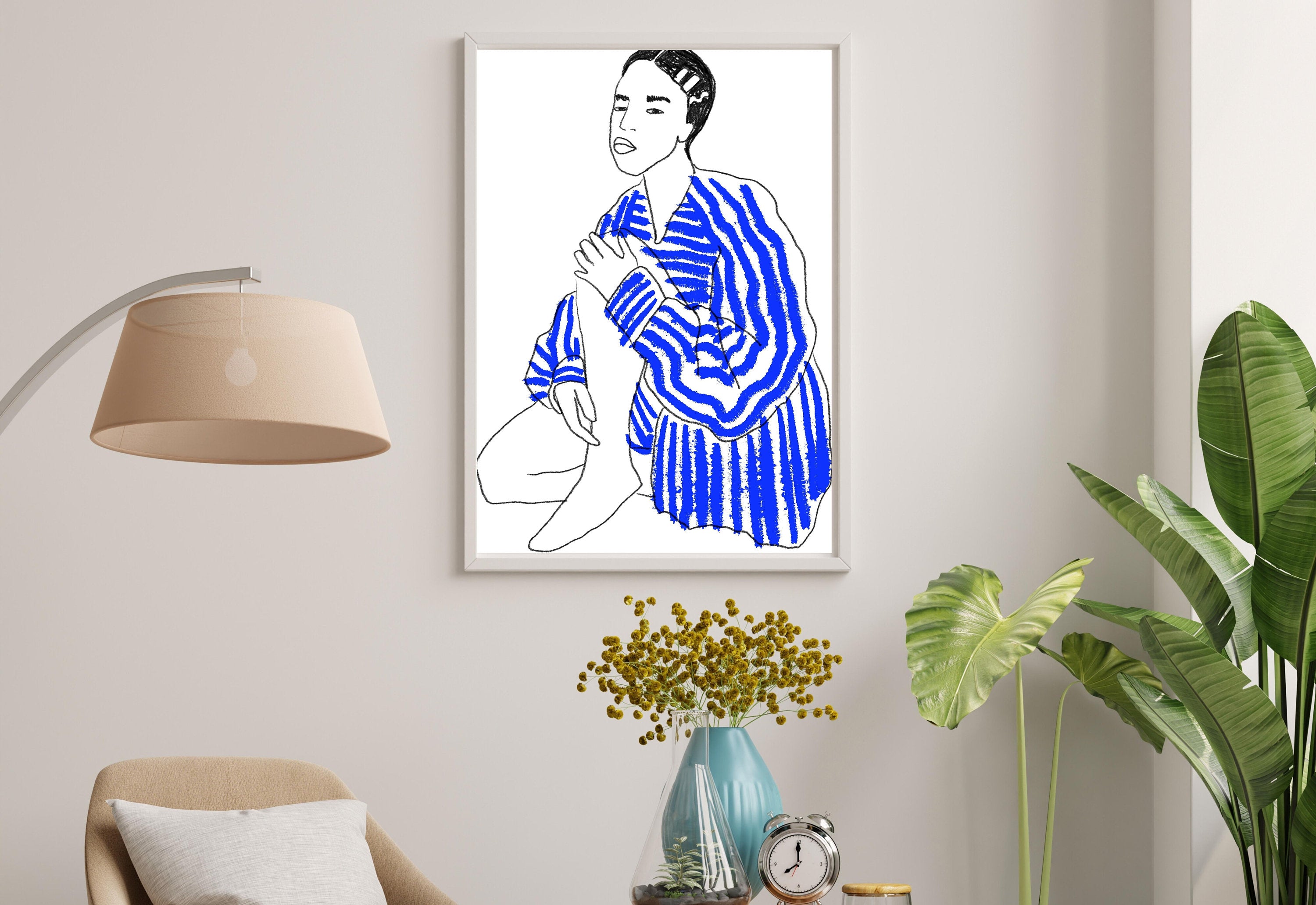 Abstract Woman Digital Art Print displayed in a stylish living room setting