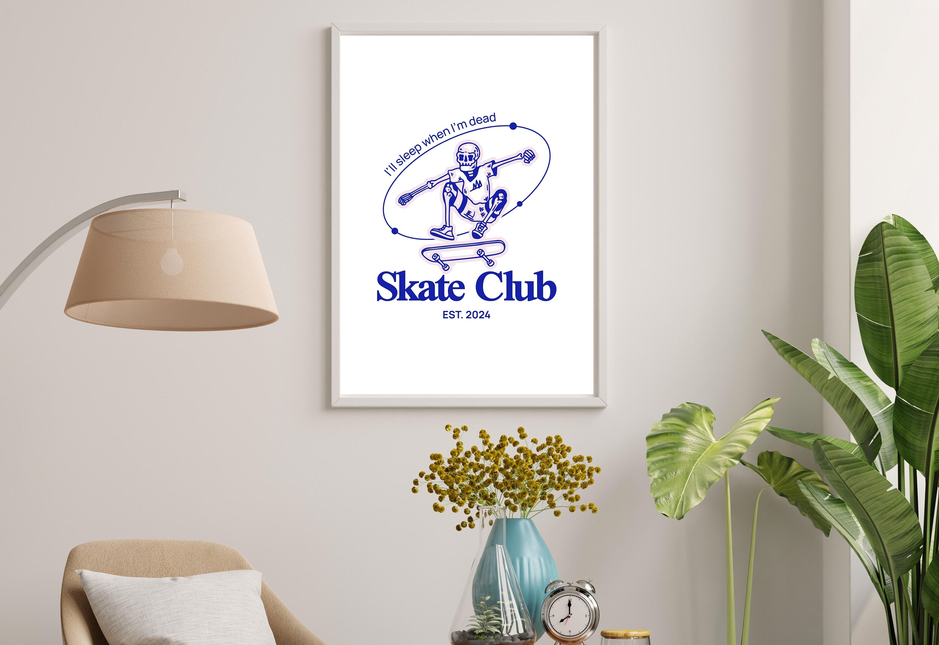 Skater Club-Digital Prints-Retro Art Decor-Cute Cartoon Art-Skull Cartoon Art-Retro Cartoon Art-Cute Boy Room Art-Skull Skateboard