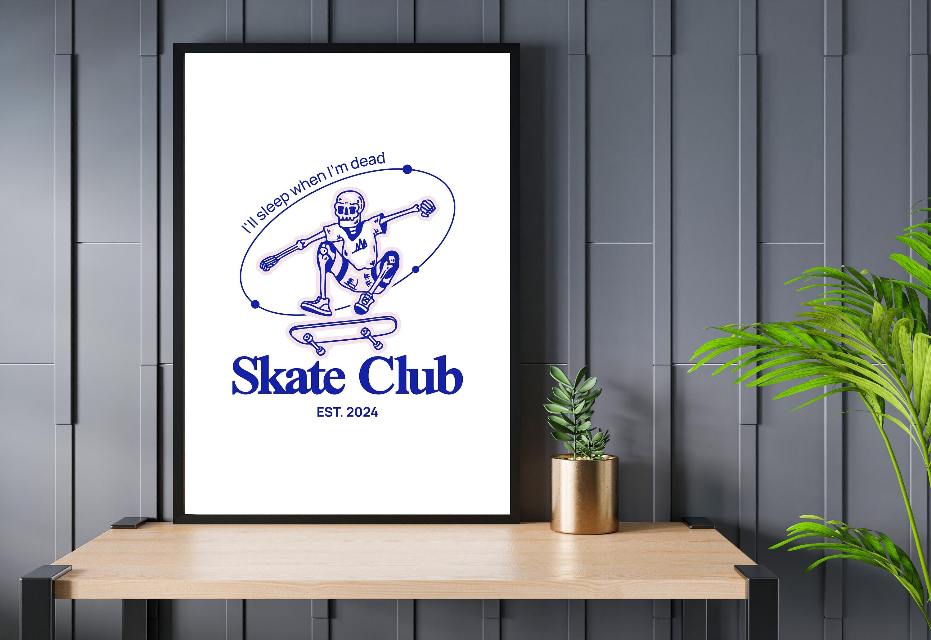 Skater Club-Digital Prints-Retro Art Decor-Cute Cartoon Art-Skull Cartoon Art-Retro Cartoon Art-Cute Boy Room Art-Skull Skateboard