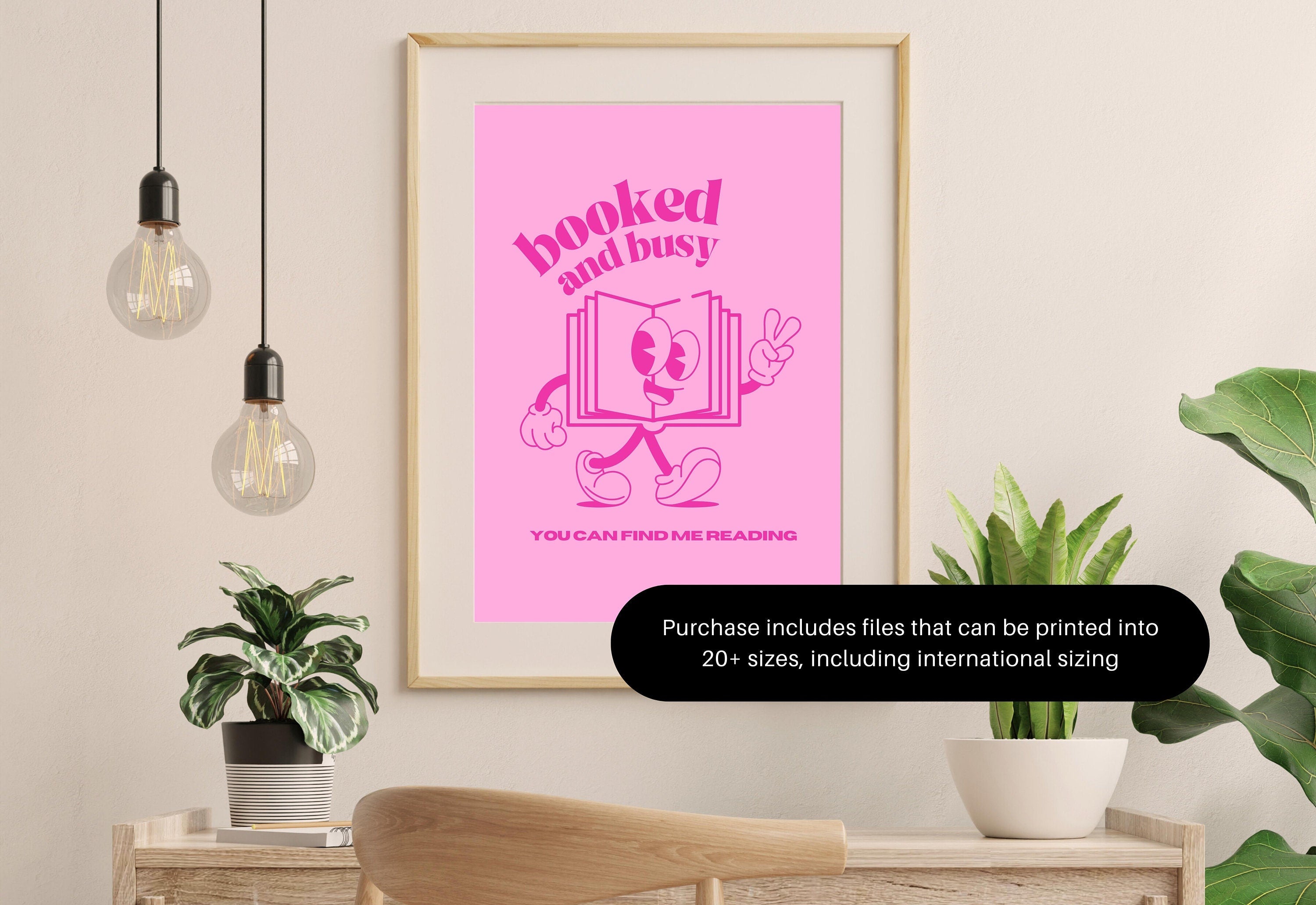 Add a pop of color to your space with the hot pink "Booked and Busy" digital art print