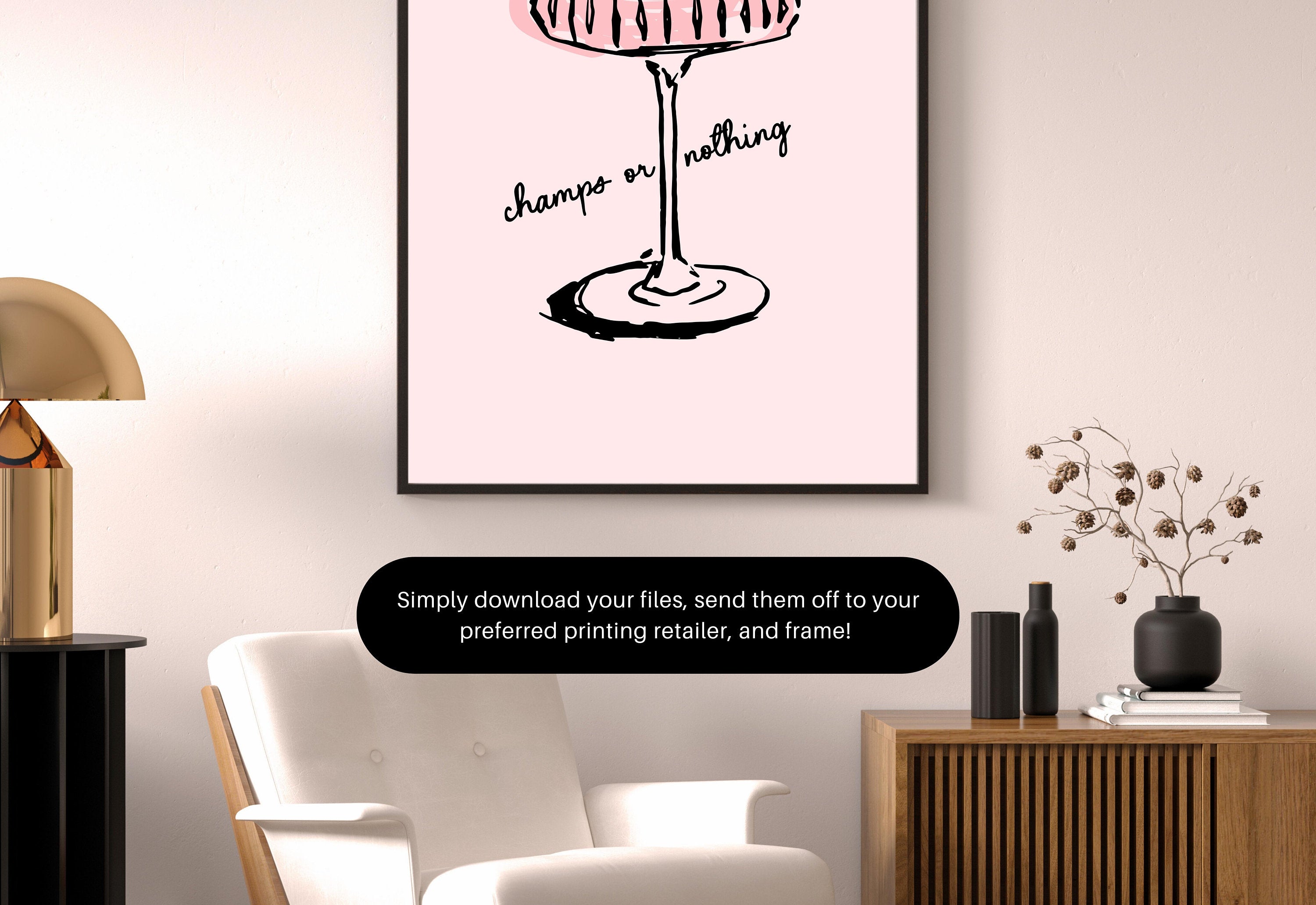 Retro Champagne Poster-Wall Print-Digital Download-Preppy Pink Prints-Barbie Doll Art-Vintage Doll Art-Y2K Aesthetic-Girly Bar Cart Art