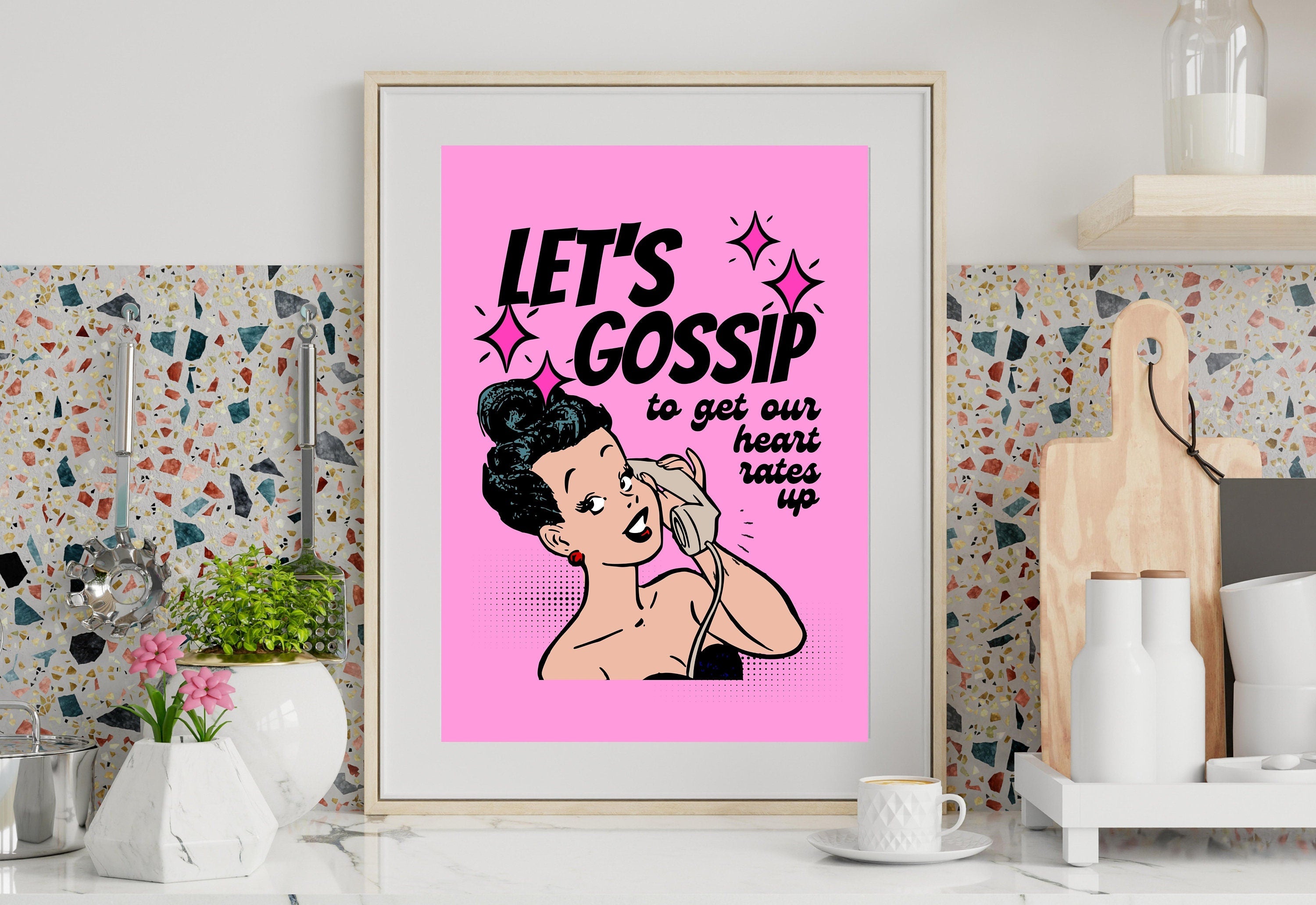 Let's Gossip-Digital Prints-Wall Art Print-Retro Cartoon Art-Downloadable Print-Bar Art Prints-Living Room Decor-Funny Wall Art-Bright Art