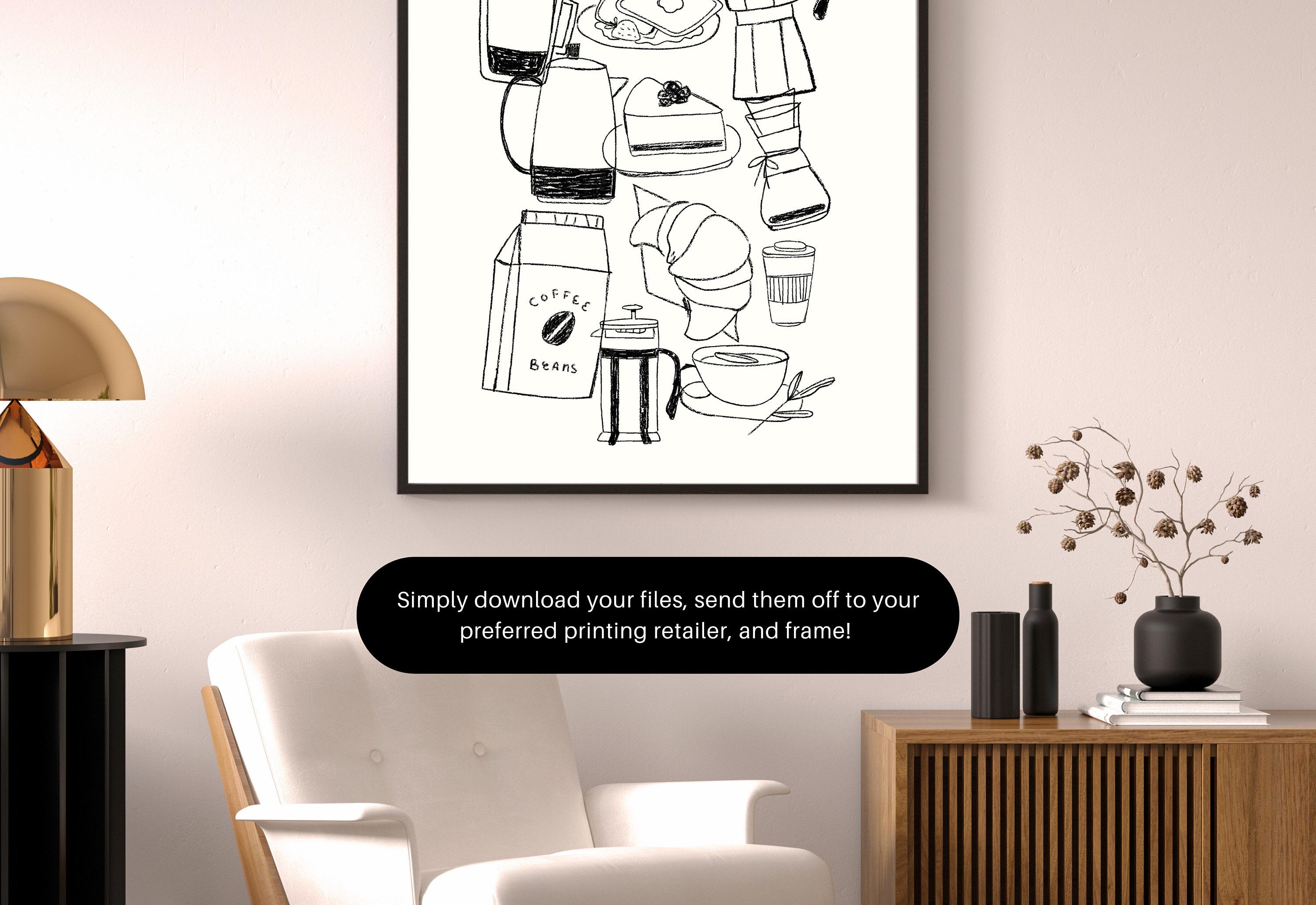 Coffee Sketch Art-Digital Prints-Retro Art Quote-Office Art-Kitchen Art-Coffee Art Print-Coffee doodle Print-Retro Wall Art