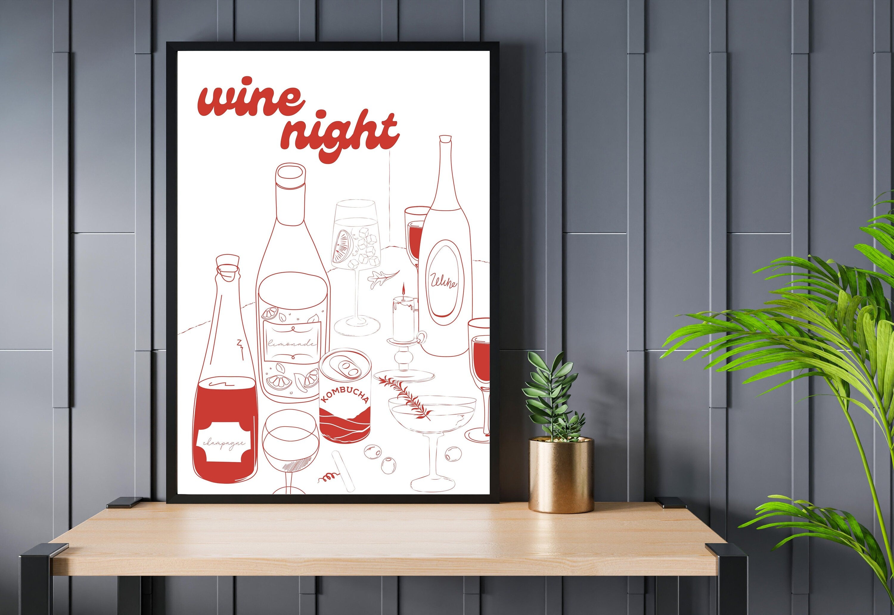 Wine Night-Digital Download-Martini Art-Retro Print-Cheers Art Print-Trendy Art-70s Art Print-Girly Art-Cocktail Art-Preppy Bar Cart Art