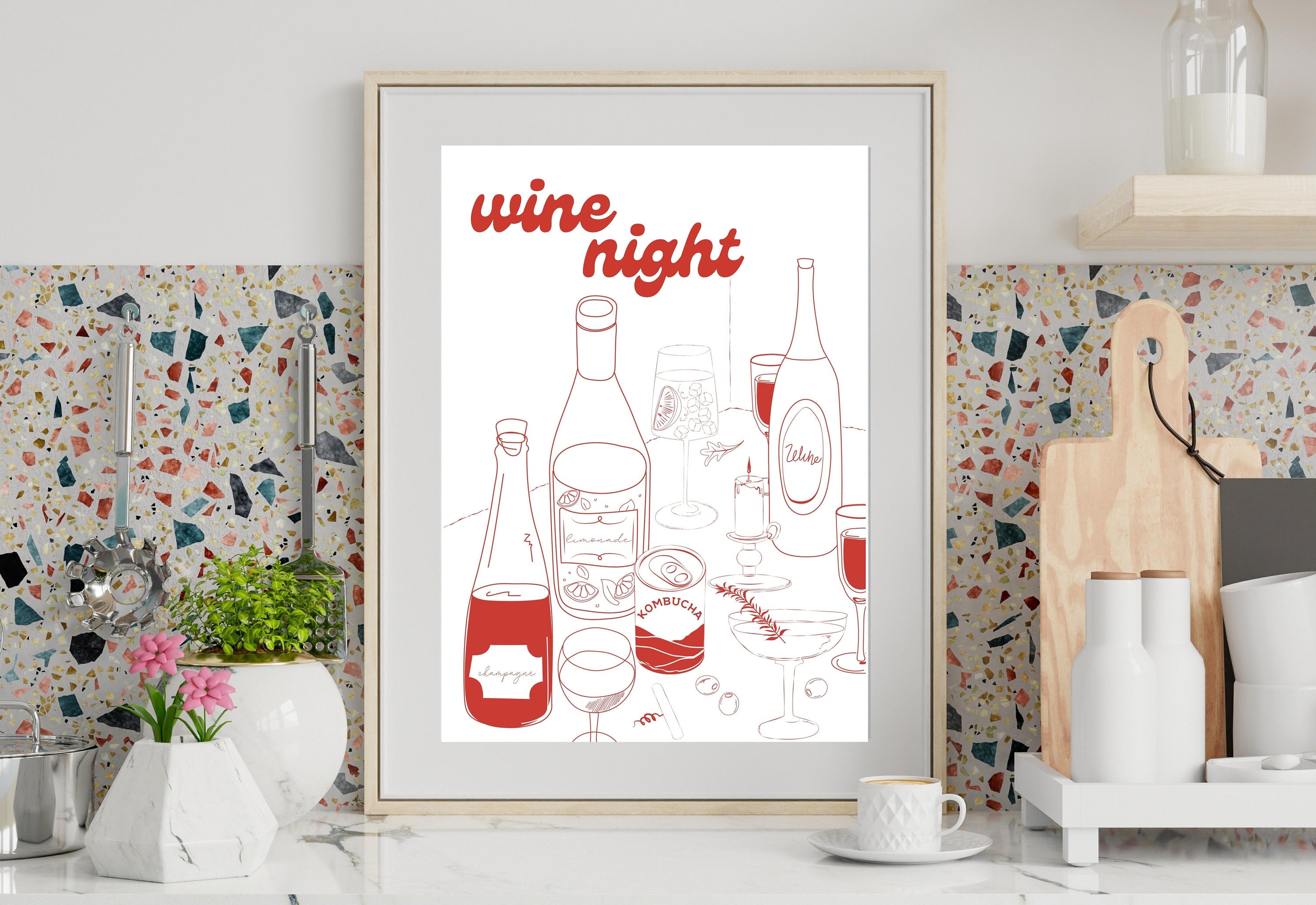 Wine Night-Digital Download-Martini Art-Retro Print-Cheers Art Print-Trendy Art-70s Art Print-Girly Art-Cocktail Art-Preppy Bar Cart Art