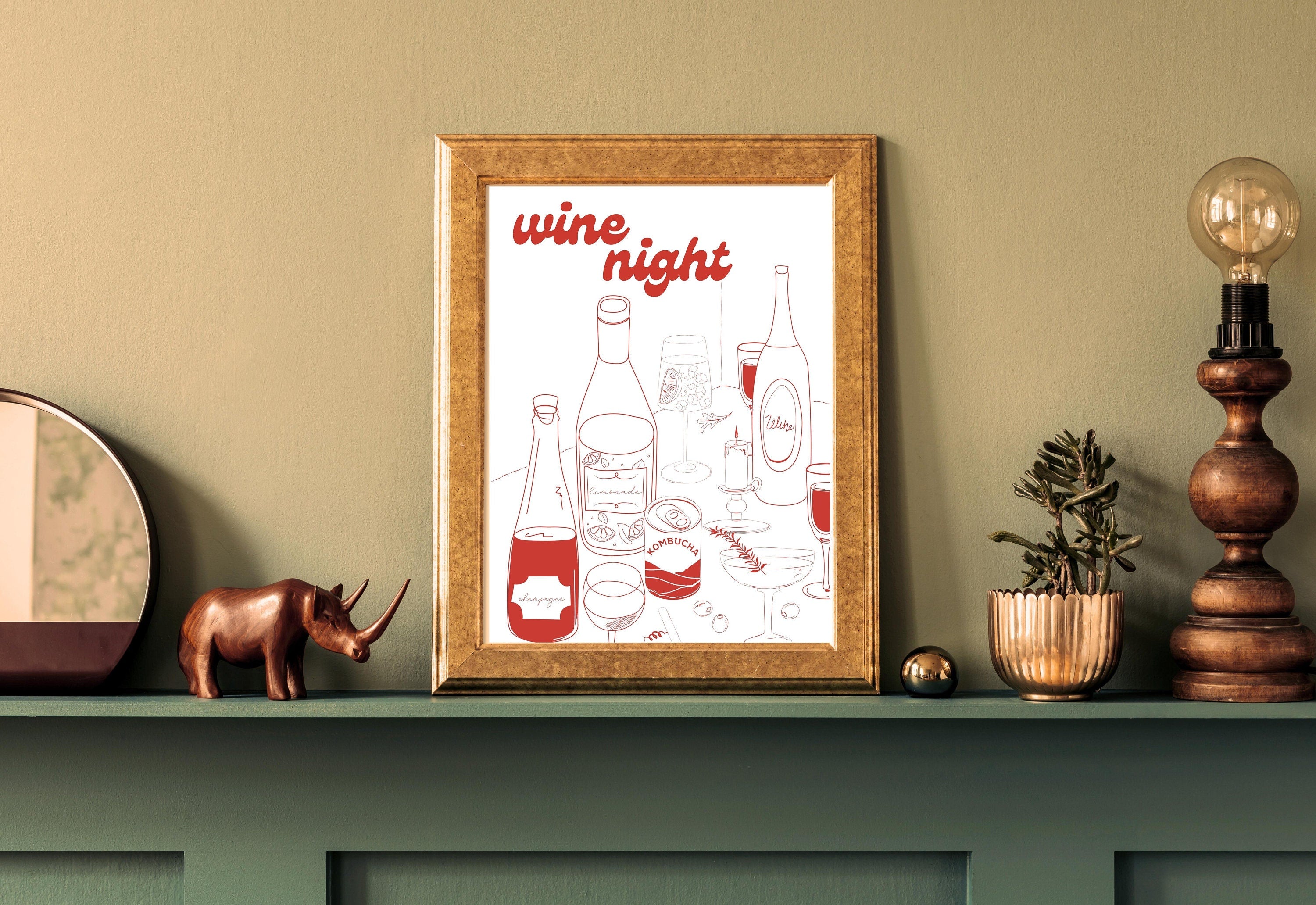 Wine Night-Digital Download-Martini Art-Retro Print-Cheers Art Print-Trendy Art-70s Art Print-Girly Art-Cocktail Art-Preppy Bar Cart Art