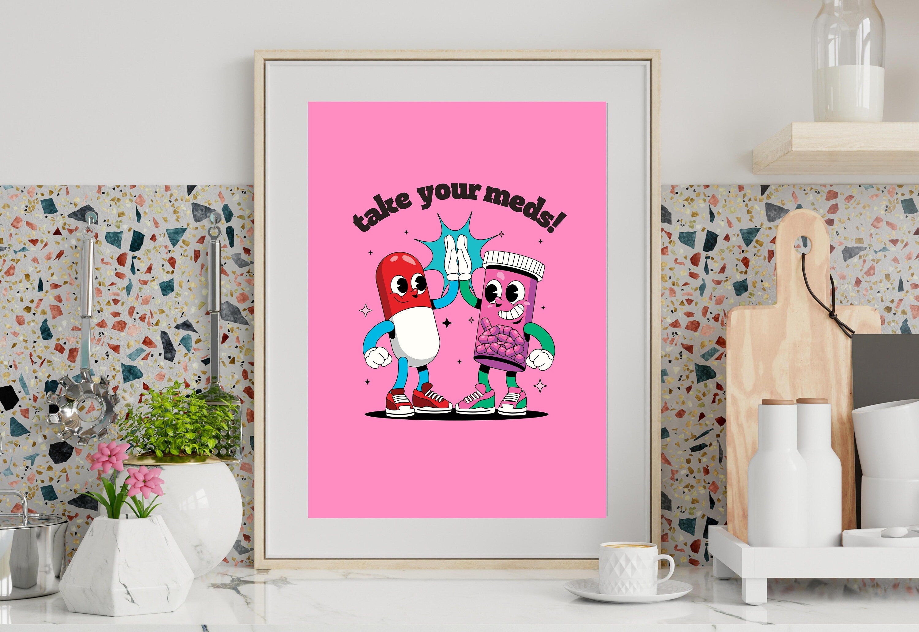 Take Your Meds-Digital Download-Wall Print-Retro Art-Downloadable Print-Trendy Art-70s Art Print-Retro Character-Mental Health Art Print