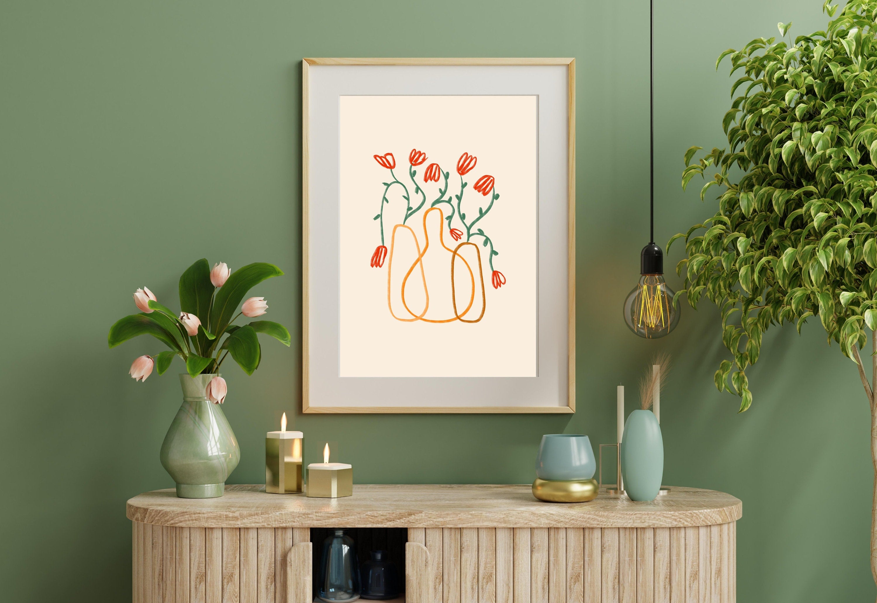 A digital art print with a bouquet of orange flowers in an orange vase, capturing the essence of summer and joy.