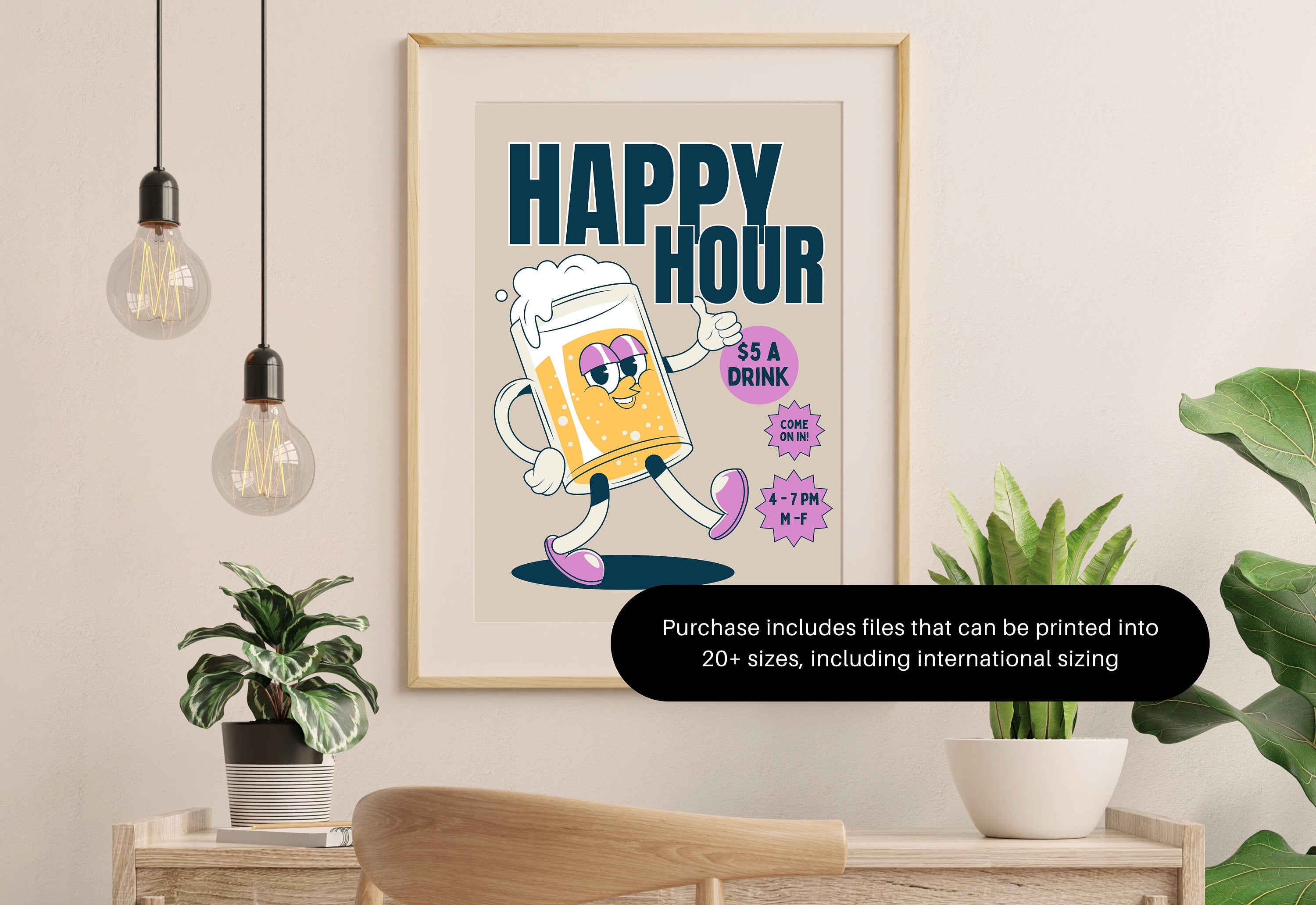 Happy Hour Poster-Bar Cart Wall Decor-Digital Download-Wall Print-Booked and Busy-Trendy Retro Art-70s Art Print-Retro Character