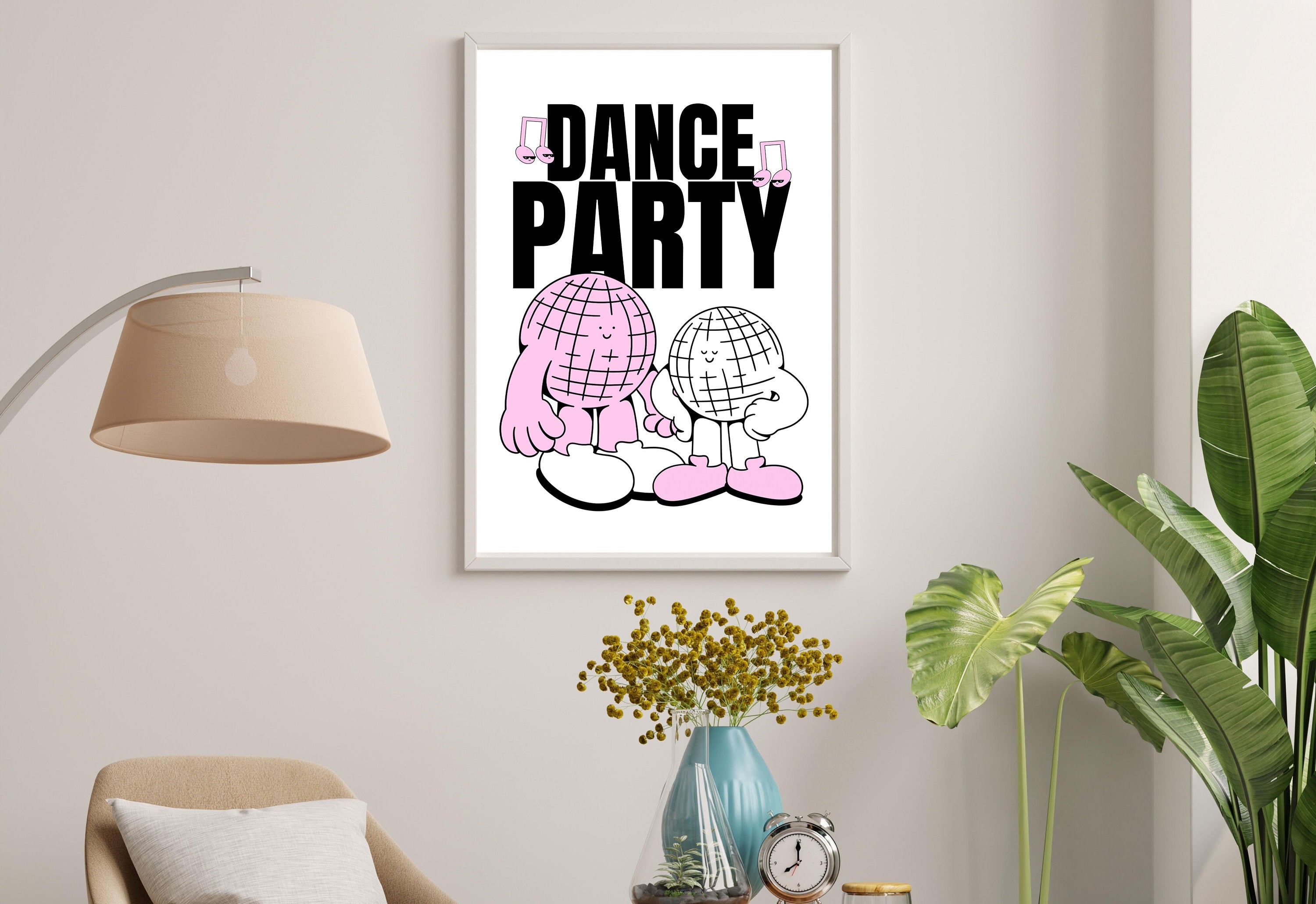 Dance Party Art-Digital Prints-Retro Art Quote-Drink Art-Kitchen Art Print-Kitchen Art-Disco Ball Art Print-Mirrorball Cartoon Print