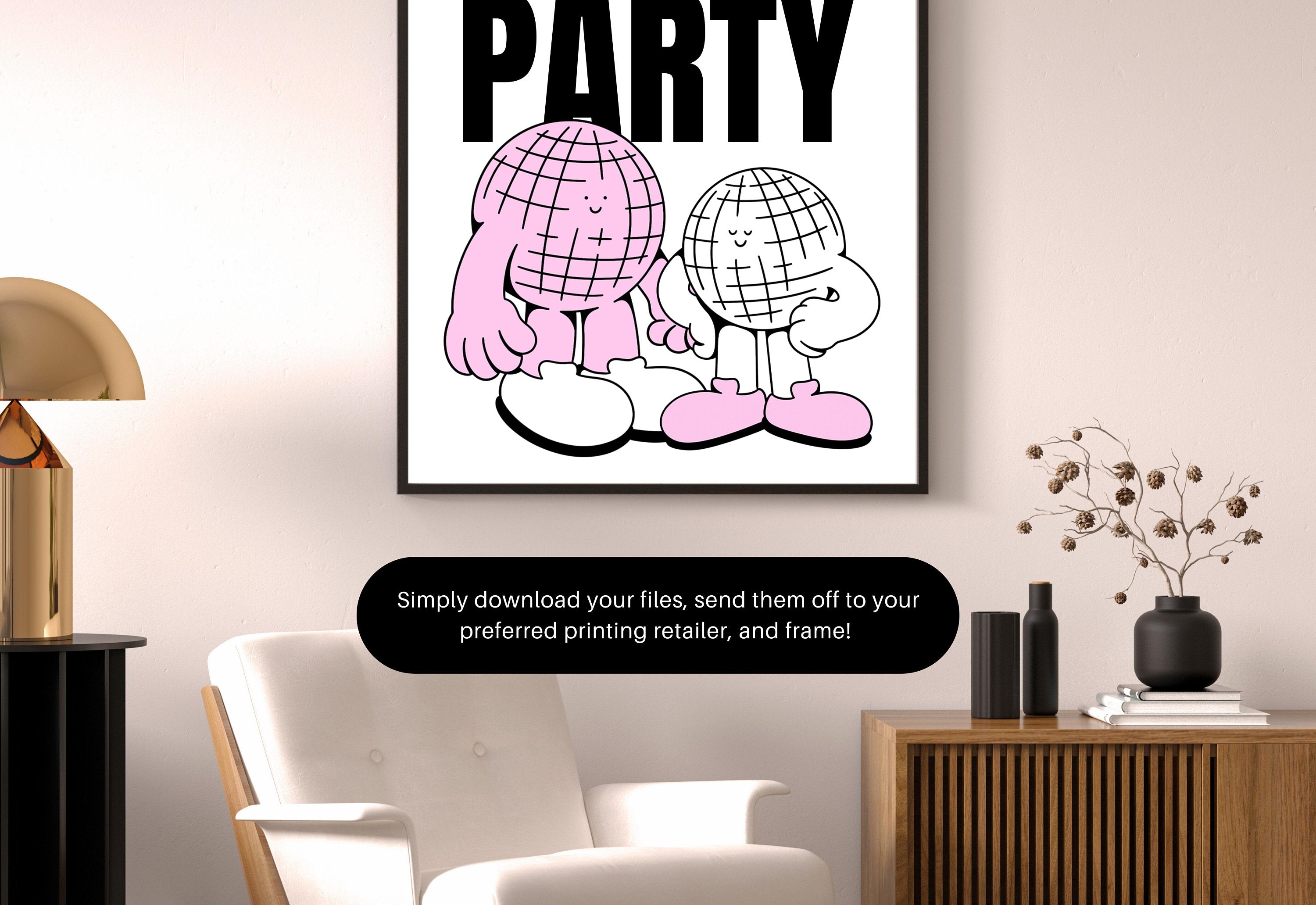 Dance Party Art-Digital Prints-Retro Art Quote-Drink Art-Kitchen Art Print-Kitchen Art-Disco Ball Art Print-Mirrorball Cartoon Print