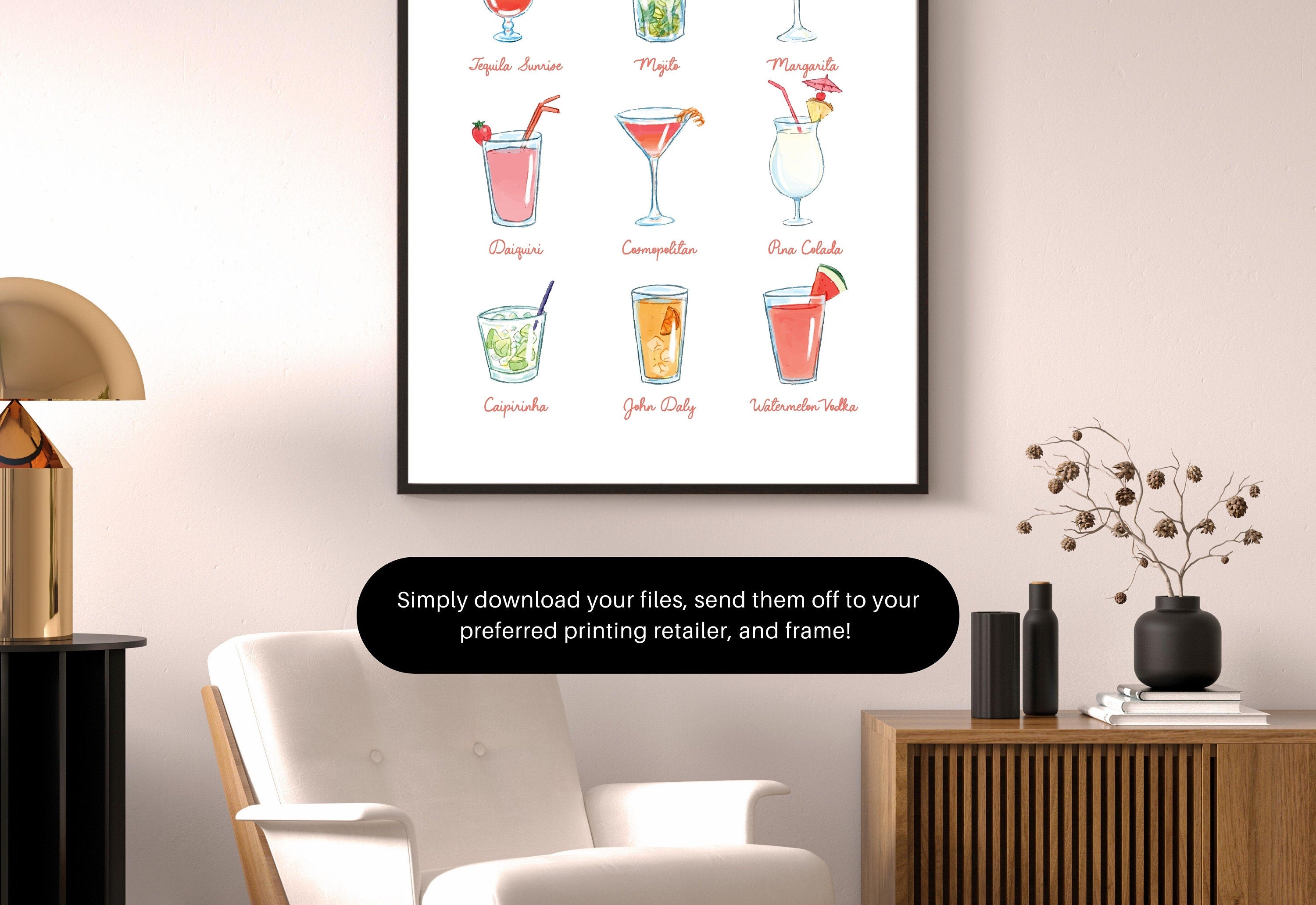 Retro Cocktails Poster-Wall Print-Digital Download-Preppy Pink Prints-Barbie Doll Art-Vintage Doll Art-Y2K Aesthetic-Girly Bar Cart Art