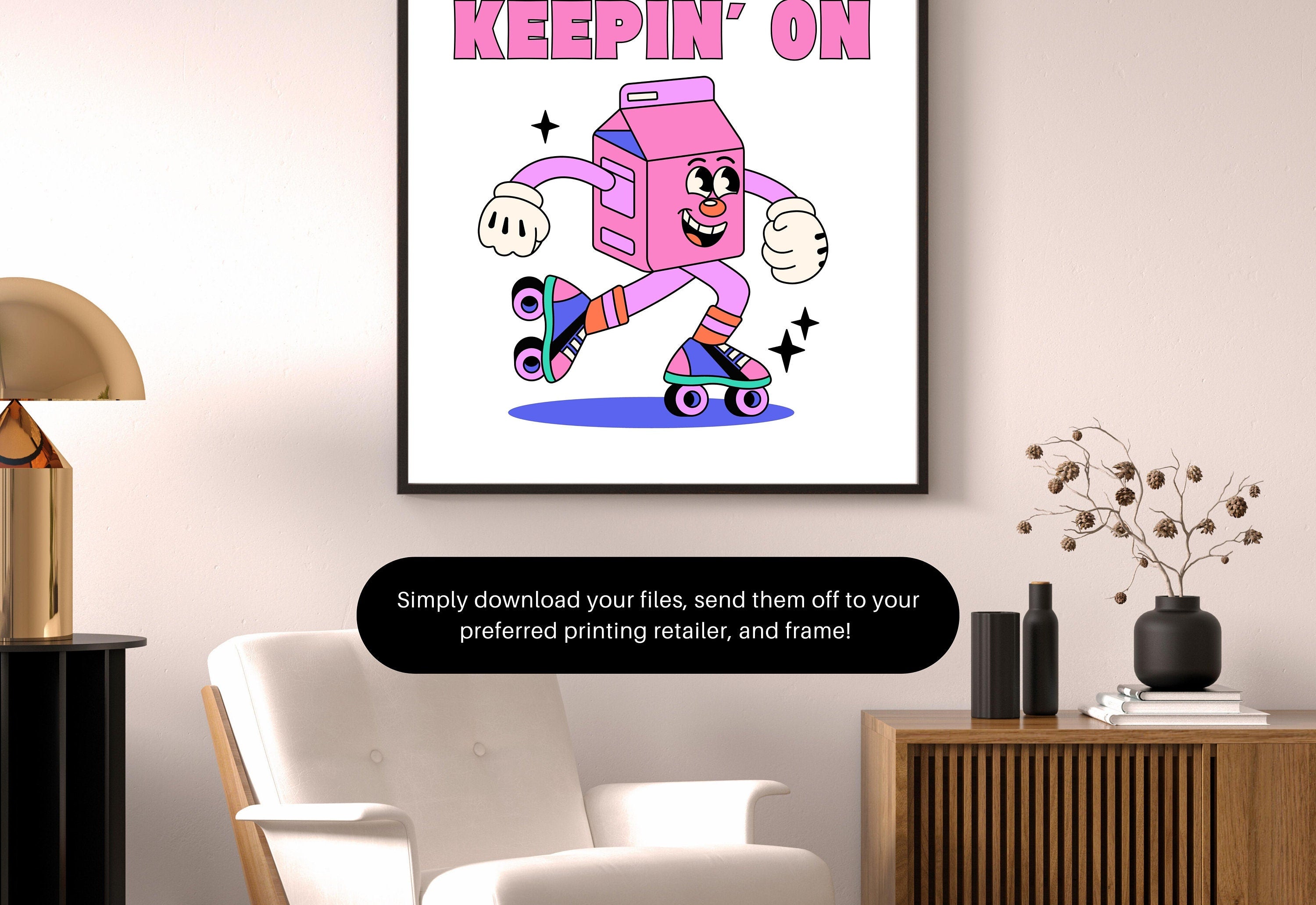 On A Roll-Digital Download-Wall Print-Retro Art-Downloadable Print-70s Art Print-Retro Character Art-Trendy Prints-Vintage Mascot Art