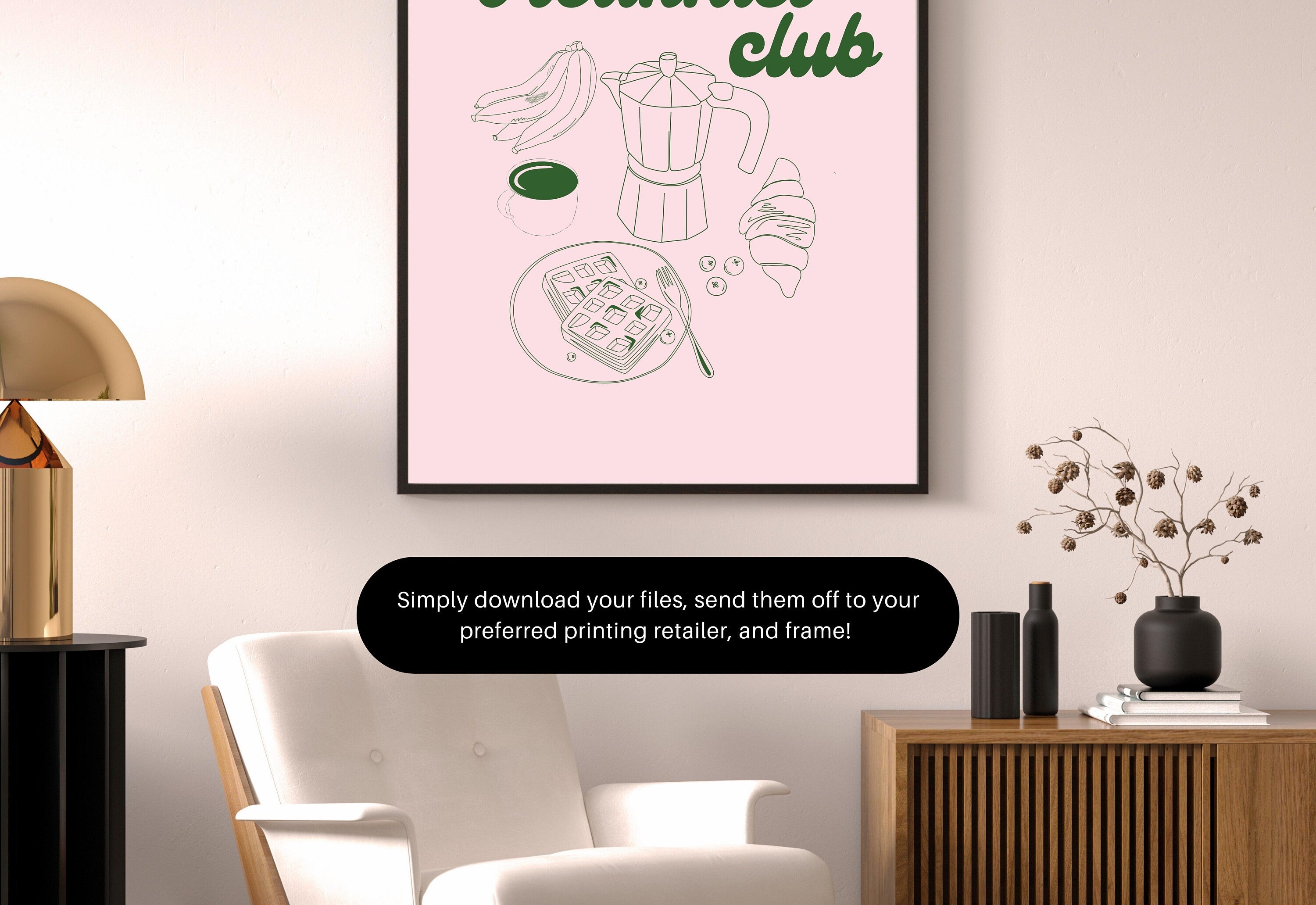 Breakfast Art Print-Digital Download-Food Art-Retro Print-Pink Art Print-Trendy Art-70s Art Print-Girly Art-Trendy Pink Kitchen Art