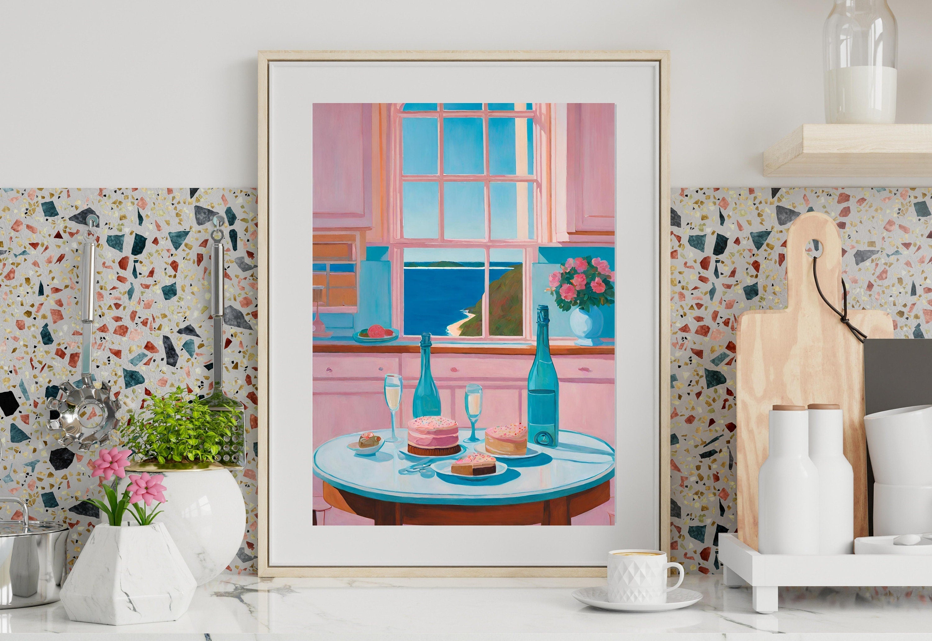 Champagne Art Print,Wall Art Print,Digital Downloads,Trendy Art,Flower Art,Retro Downloadable Print,Pink Apartment Painting,1950s Aesthetic