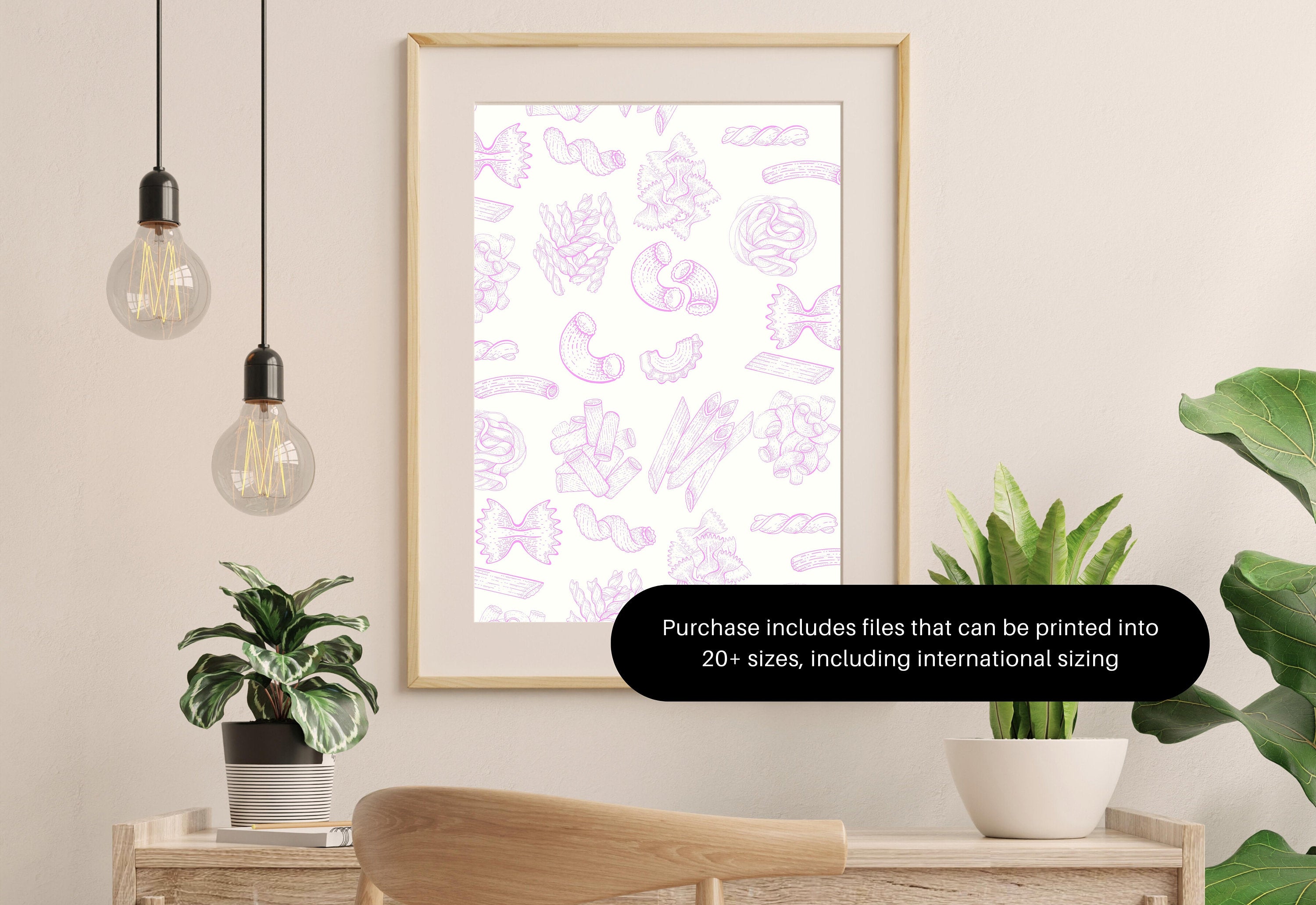 Pasta Art Print, Digital Download, Wall Art Print,Digital Food Art Print,Trendy Wall Art Print,Kitchen Wall Art Print, Pink Kitchen Decor