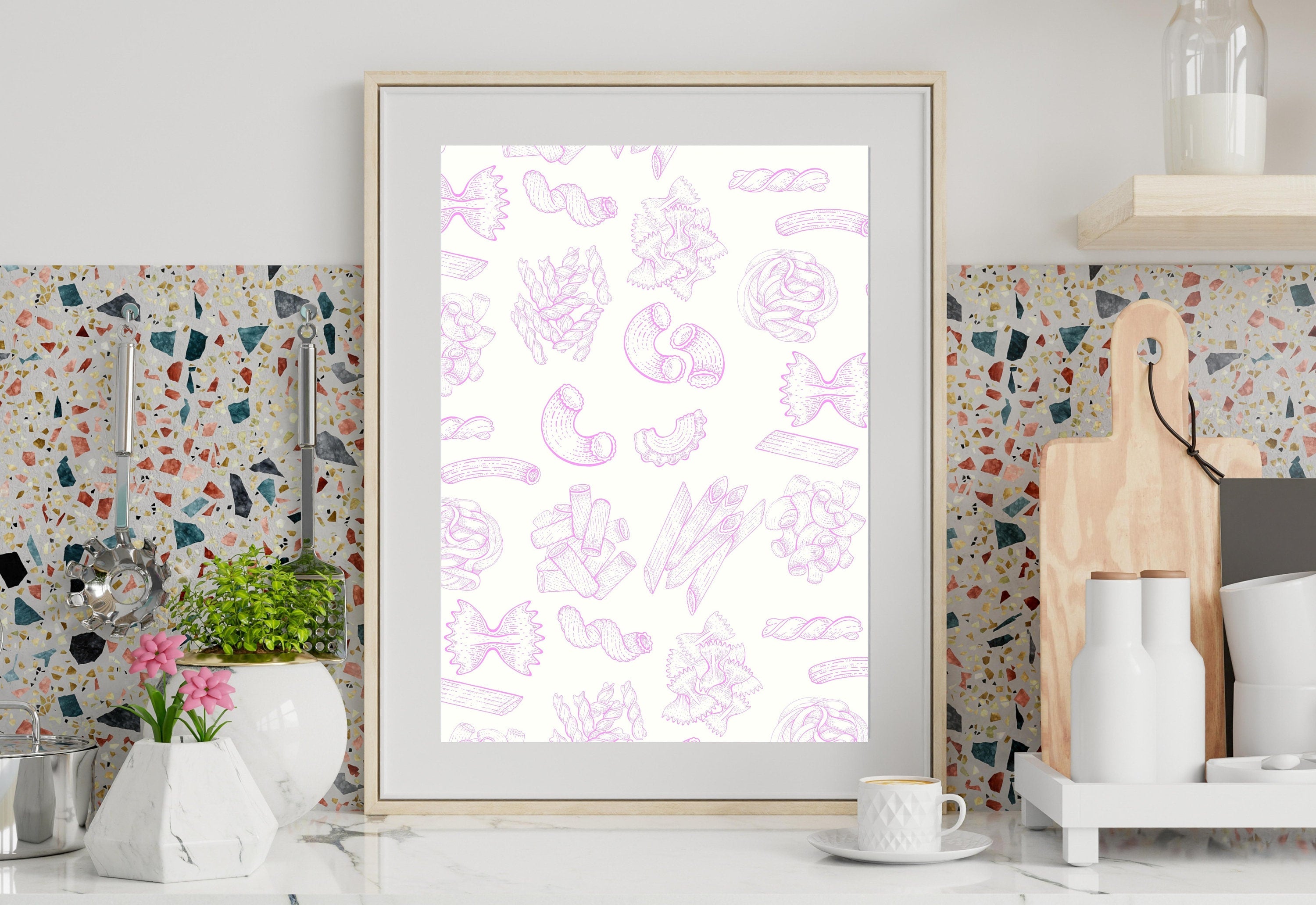 Pasta Art Print, Digital Download, Wall Art Print,Digital Food Art Print,Trendy Wall Art Print,Kitchen Wall Art Print, Pink Kitchen Decor