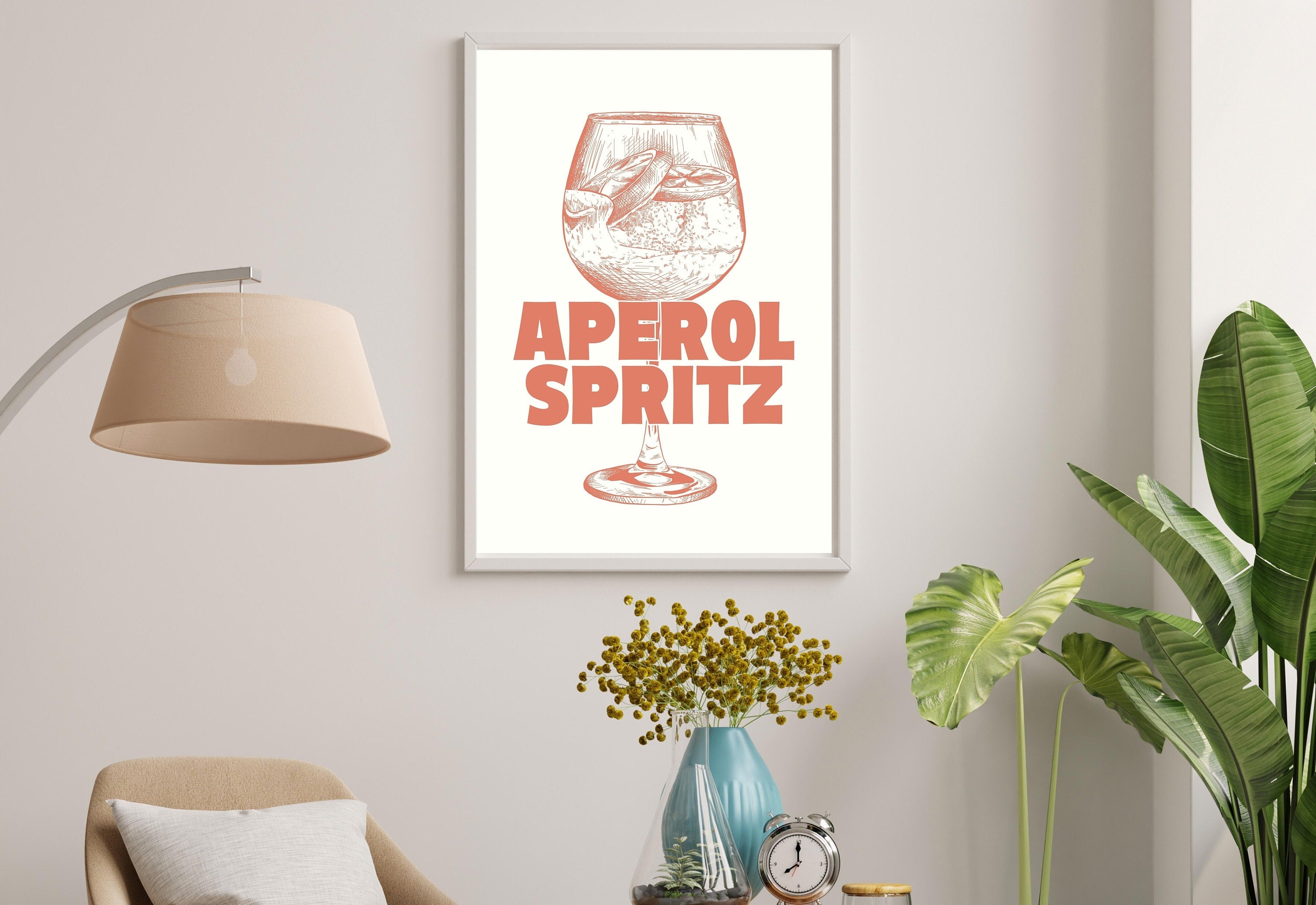 GS Print Shoppe's digital art depicting an Aperol Spritz with a whimsical twist, incorporating playful patterns and splashes around the glass.