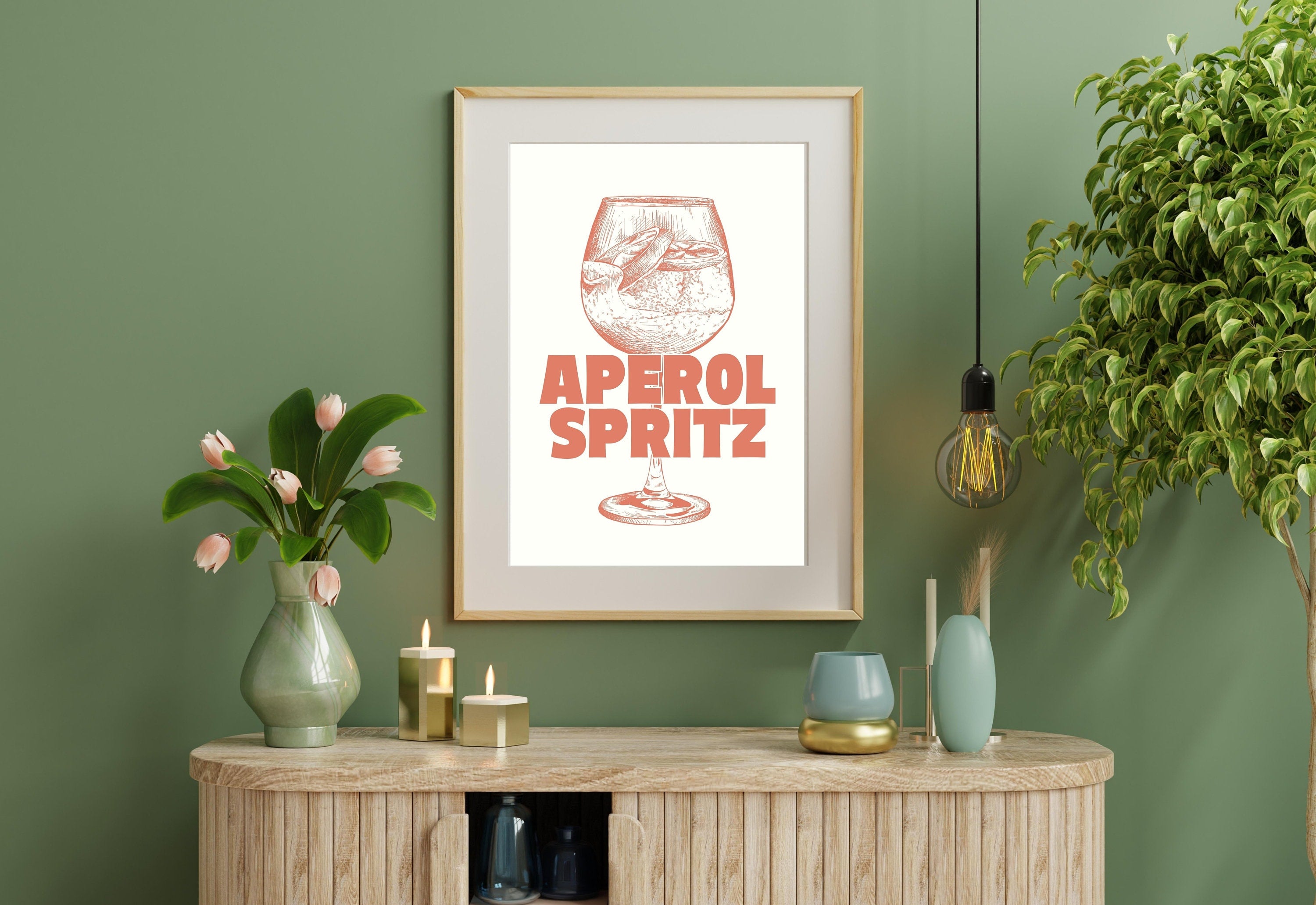 Minimalist digital artwork of an Aperol Spritz, showcasing a perfect balance of Aperol, prosecco, and soda water, with a branded GS Print Shoppe watermark.