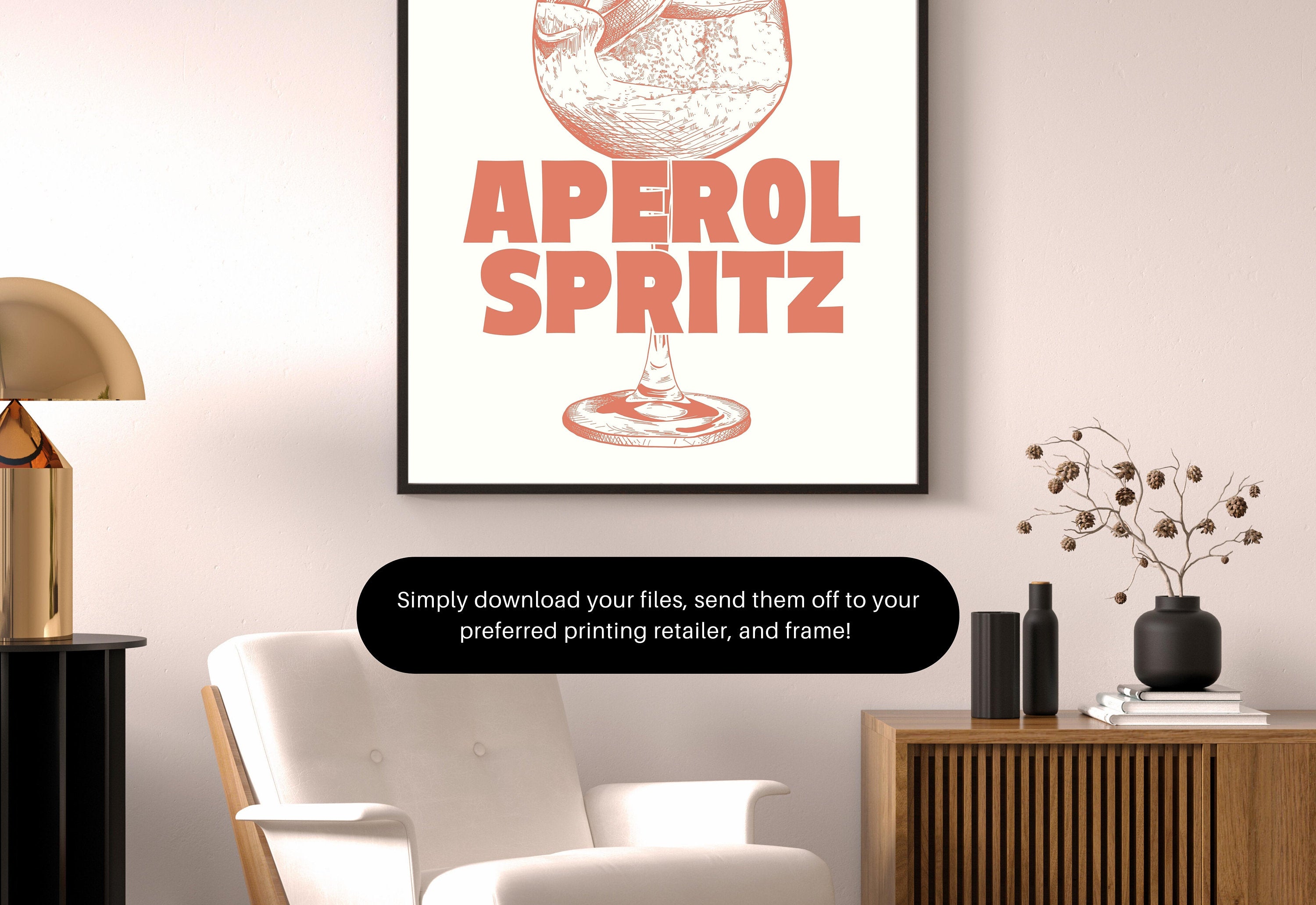 Artistic representation of a glowing Aperol Spritz glass with a bokeh effect on the background, emphasizing the drink's bright orange color - available at GS Print Shoppe.