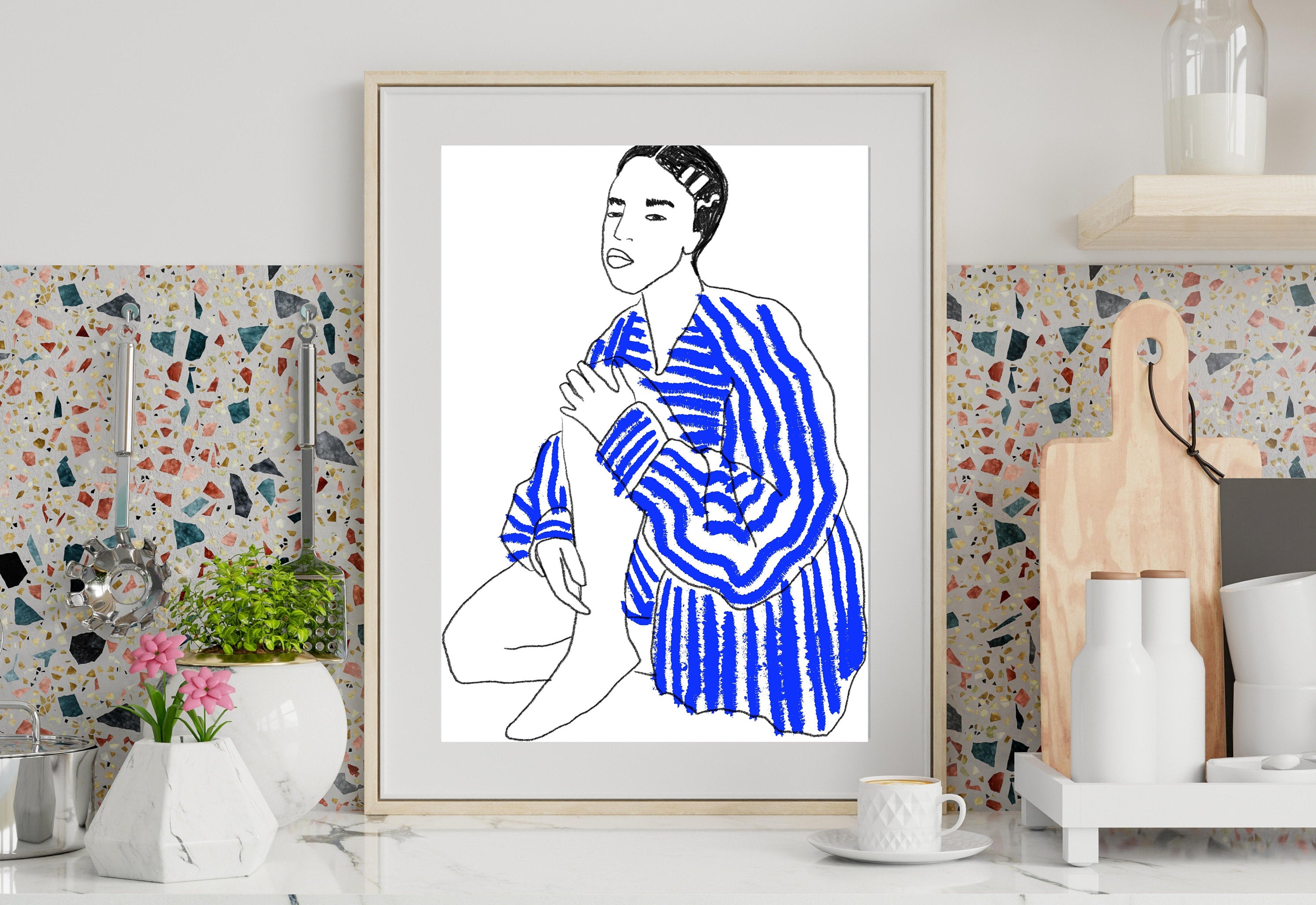 Modern and unique Abstract Woman Digital Art Print displayed on an easel