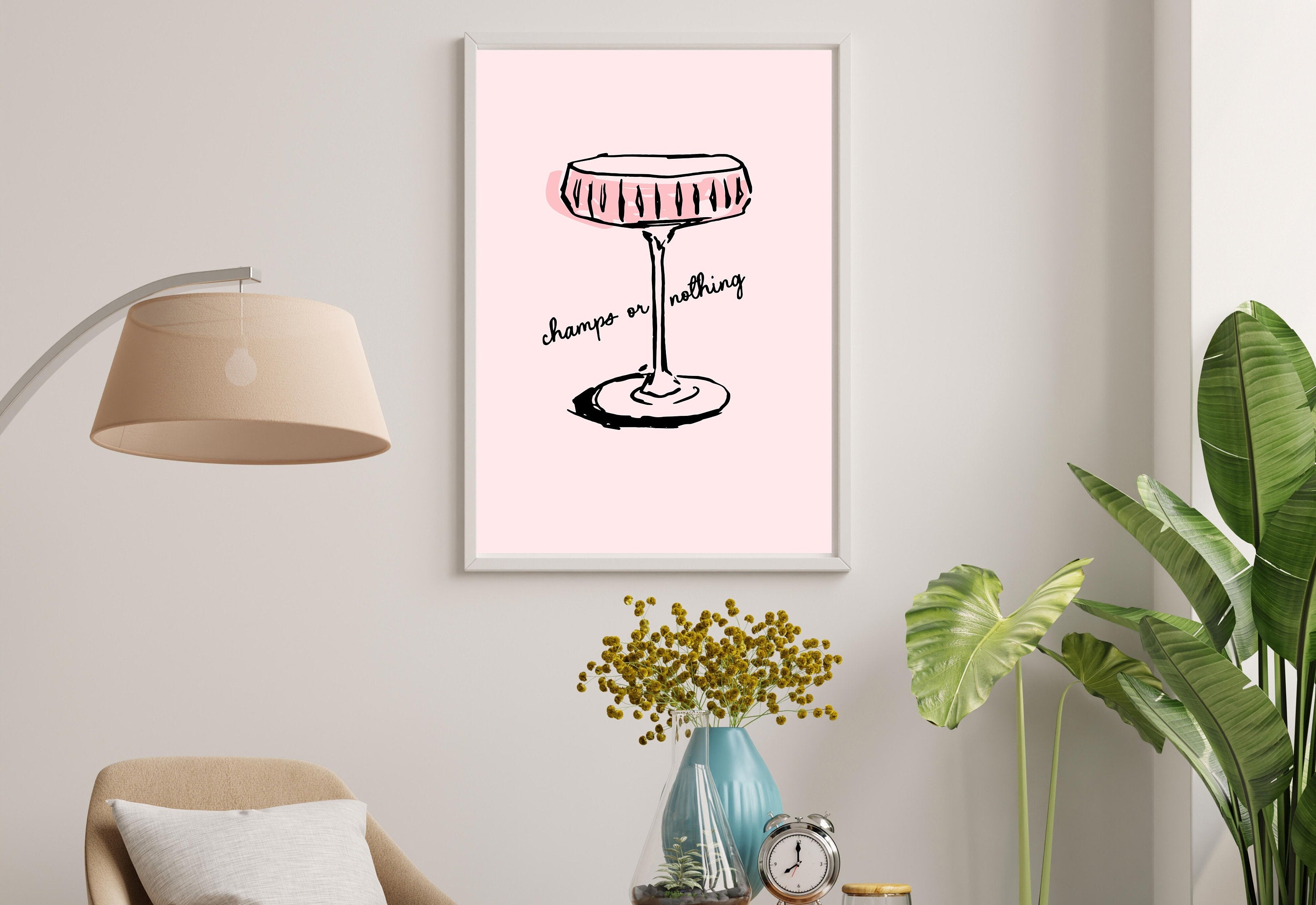 Retro Champagne Poster-Wall Print-Digital Download-Preppy Pink Prints-Barbie Doll Art-Vintage Doll Art-Y2K Aesthetic-Girly Bar Cart Art