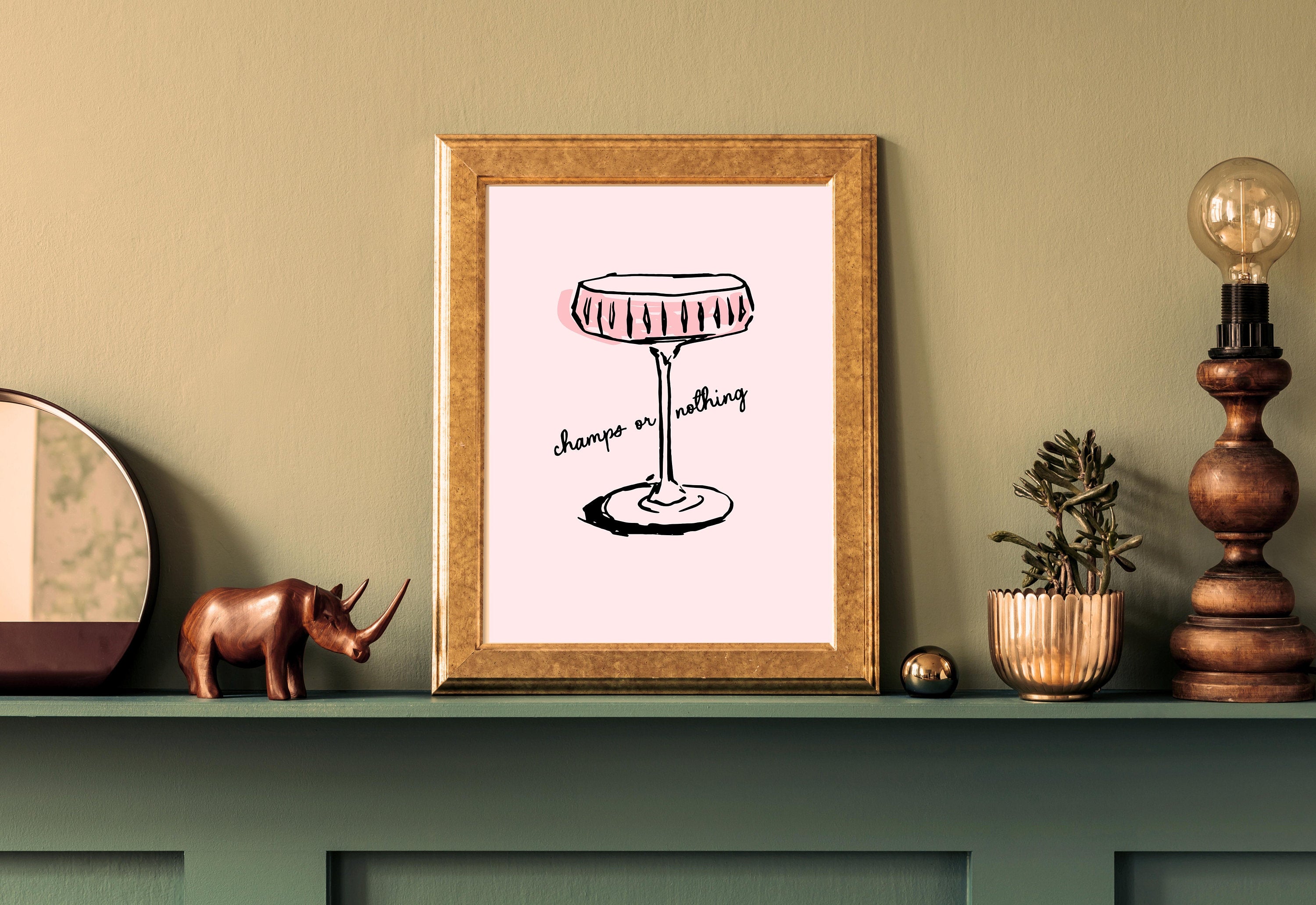 Retro Champagne Poster-Wall Print-Digital Download-Preppy Pink Prints-Barbie Doll Art-Vintage Doll Art-Y2K Aesthetic-Girly Bar Cart Art