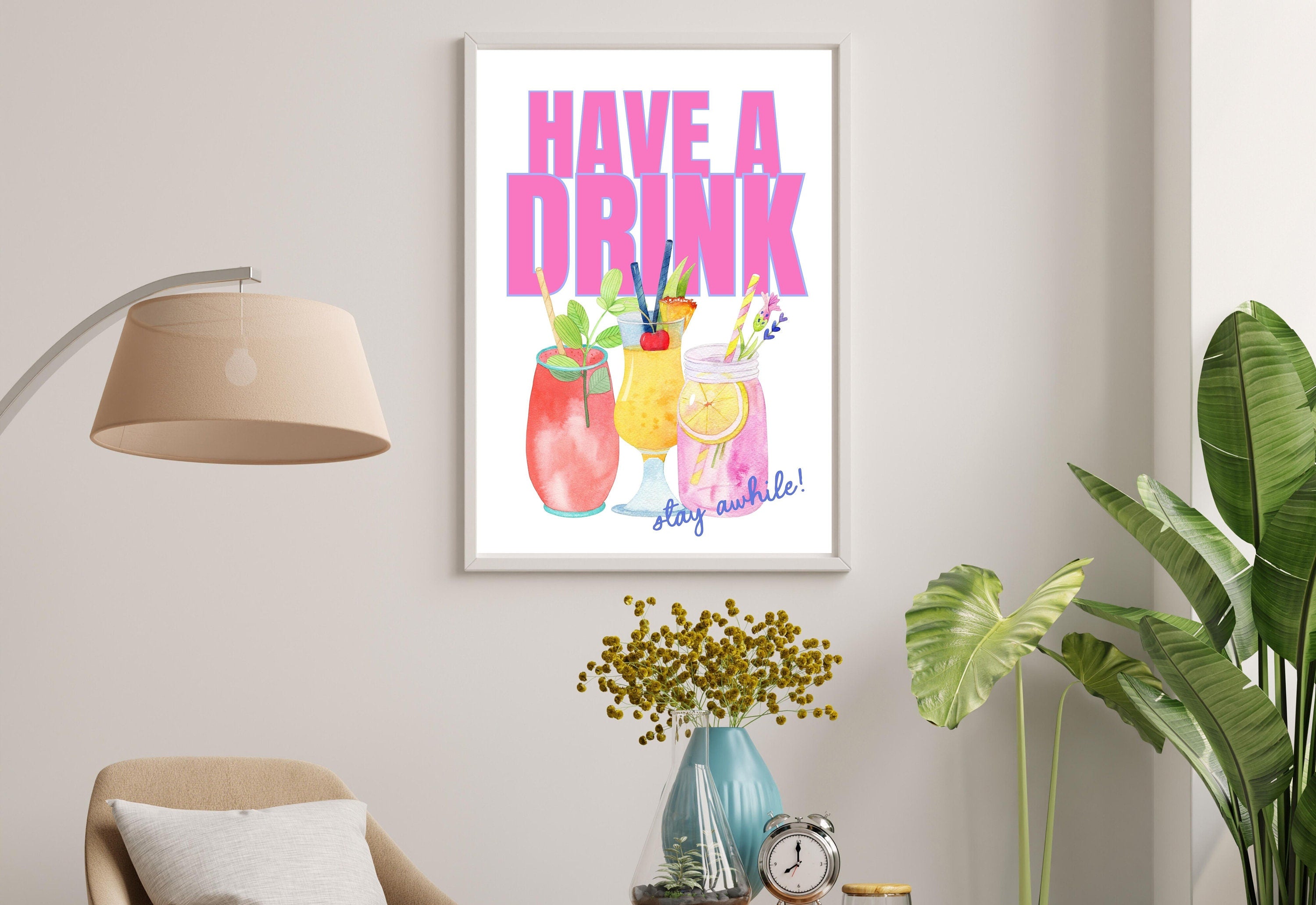Happy Hour-Digital Download-Martini Art-Retro Print-Cheers Art Print-Trendy Art-70s Art Print-Girly Art-Cocktail Art-Preppy Pink Bar Art