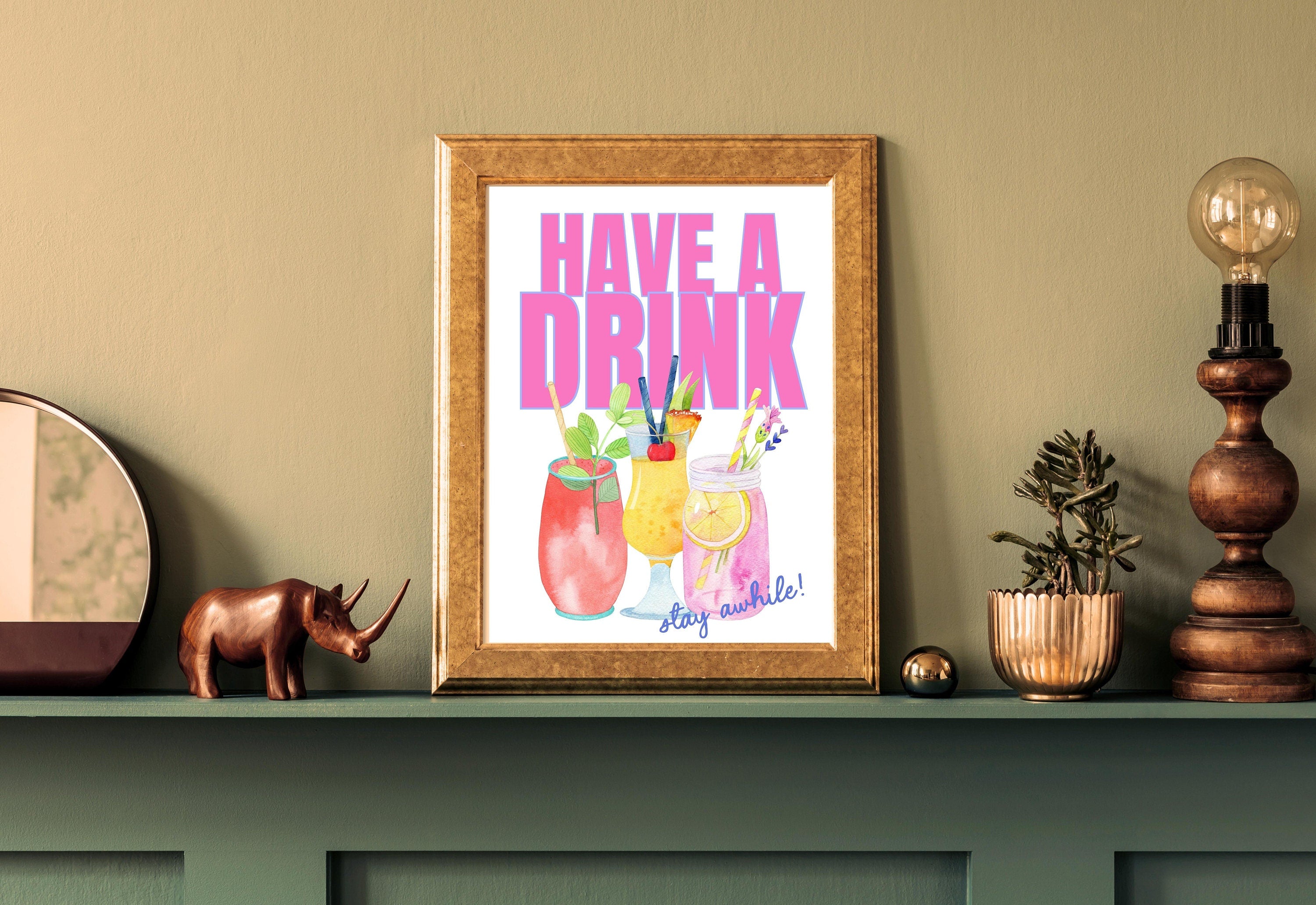 Happy Hour-Digital Download-Martini Art-Retro Print-Cheers Art Print-Trendy Art-70s Art Print-Girly Art-Cocktail Art-Preppy Pink Bar Art