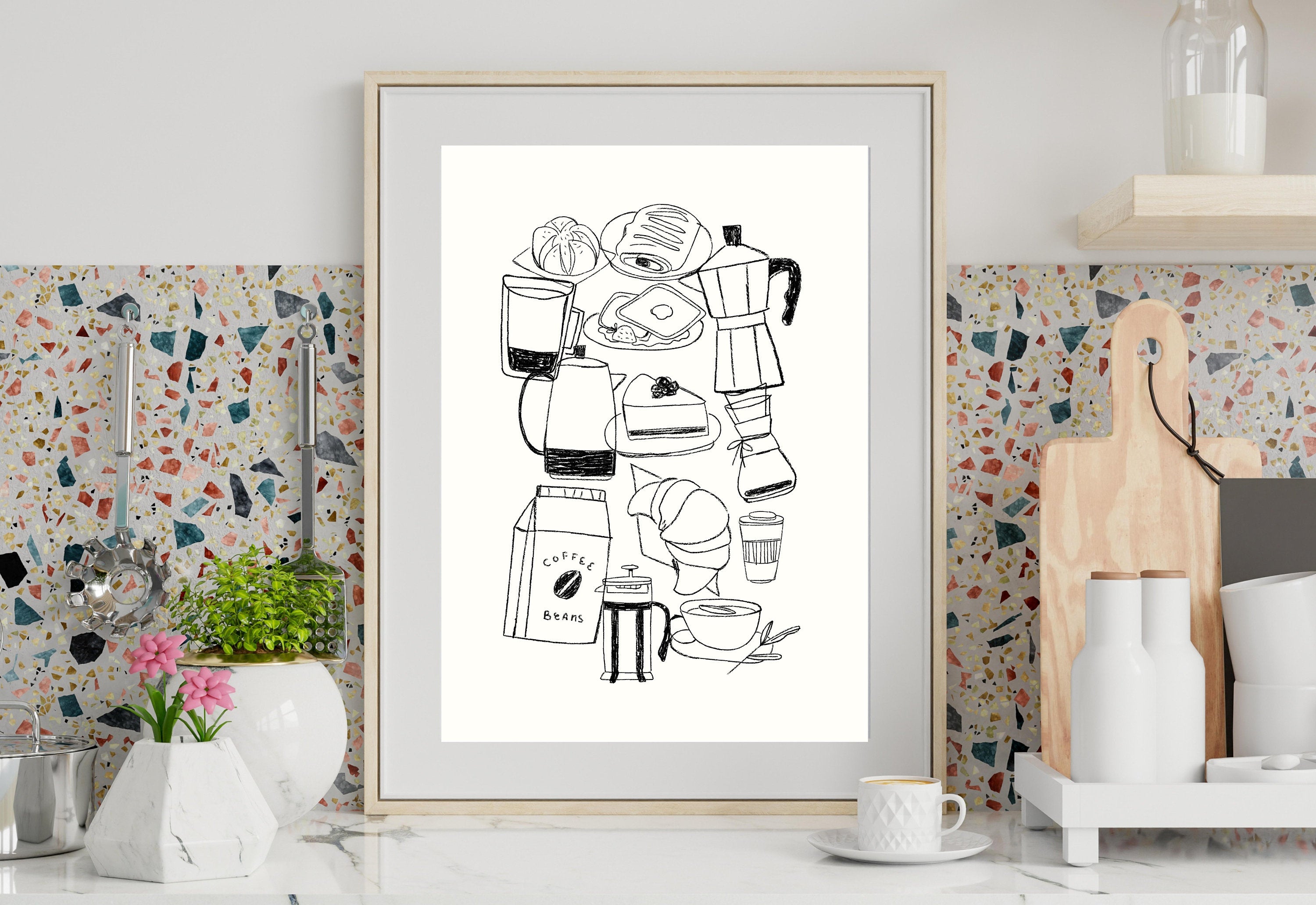 Coffee Sketch Art-Digital Prints-Retro Art Quote-Office Art-Kitchen Art-Coffee Art Print-Coffee doodle Print-Retro Wall Art