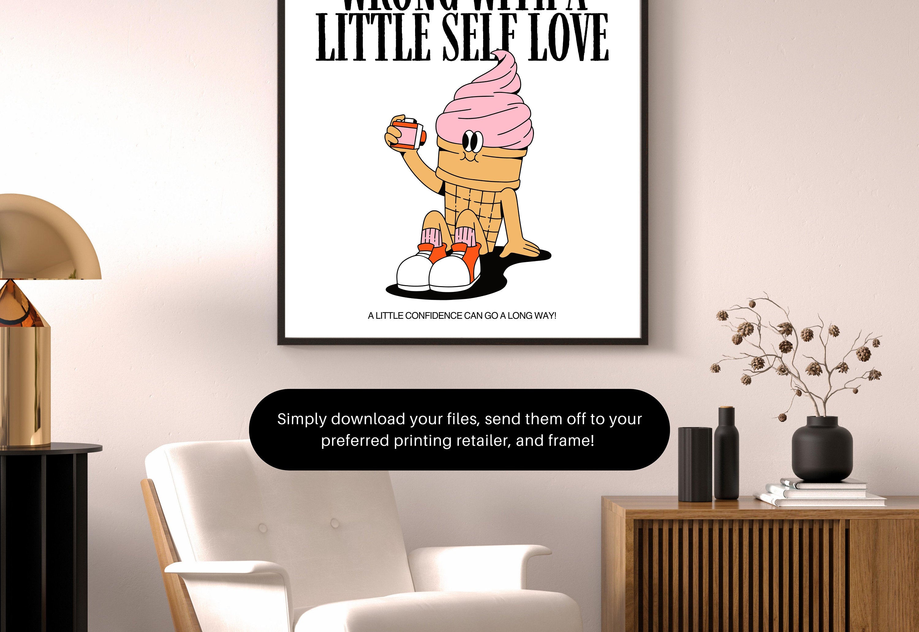 Retro Cartoon-Digital Prints-Digital Wall Art-Minimal Art-Ice cream Art Print-Ice Cream Art-Kitchen Art Prints-Minimal Kitchen Art-Self Love