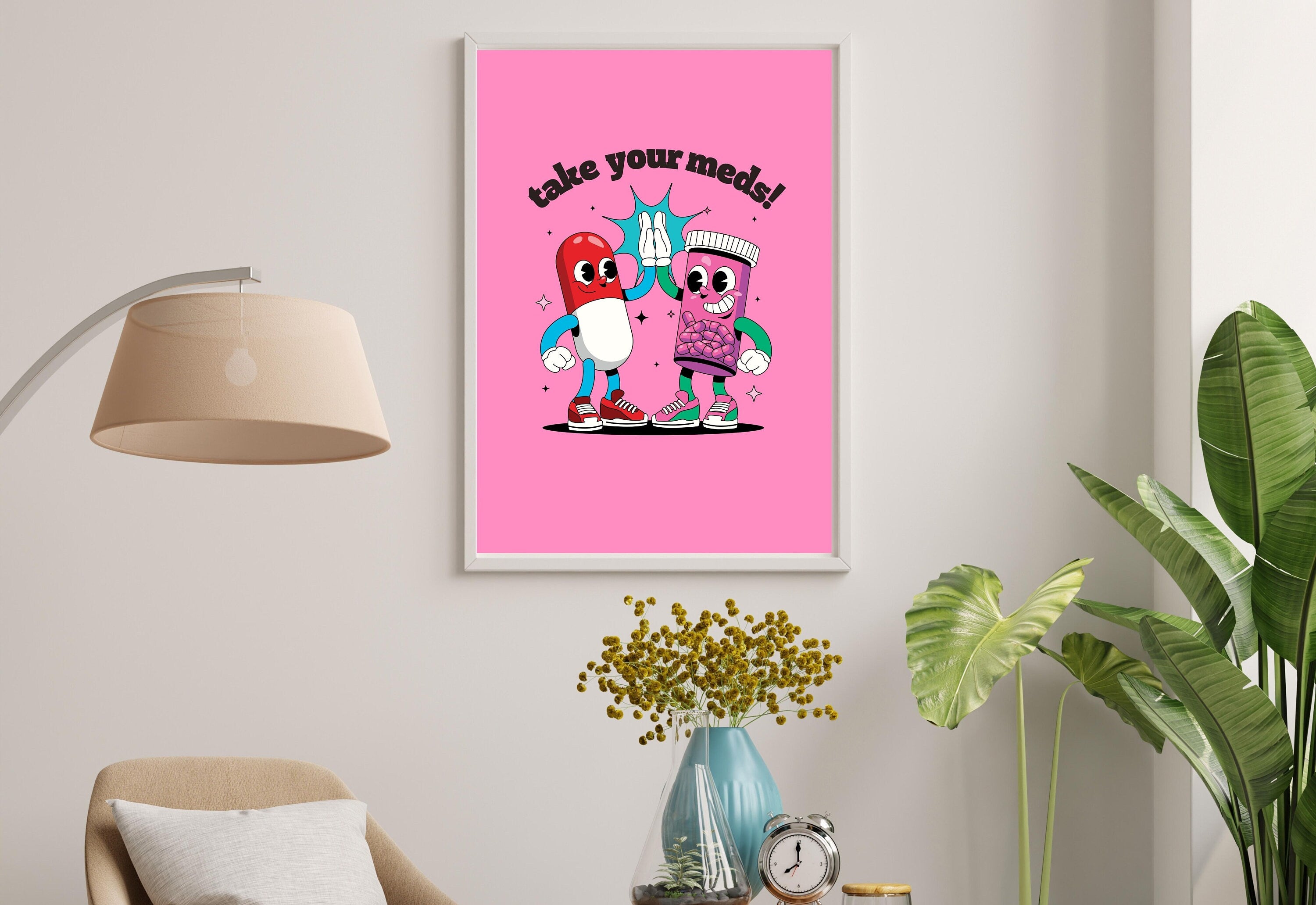 Take Your Meds-Digital Download-Wall Print-Retro Art-Downloadable Print-Trendy Art-70s Art Print-Retro Character-Mental Health Art Print