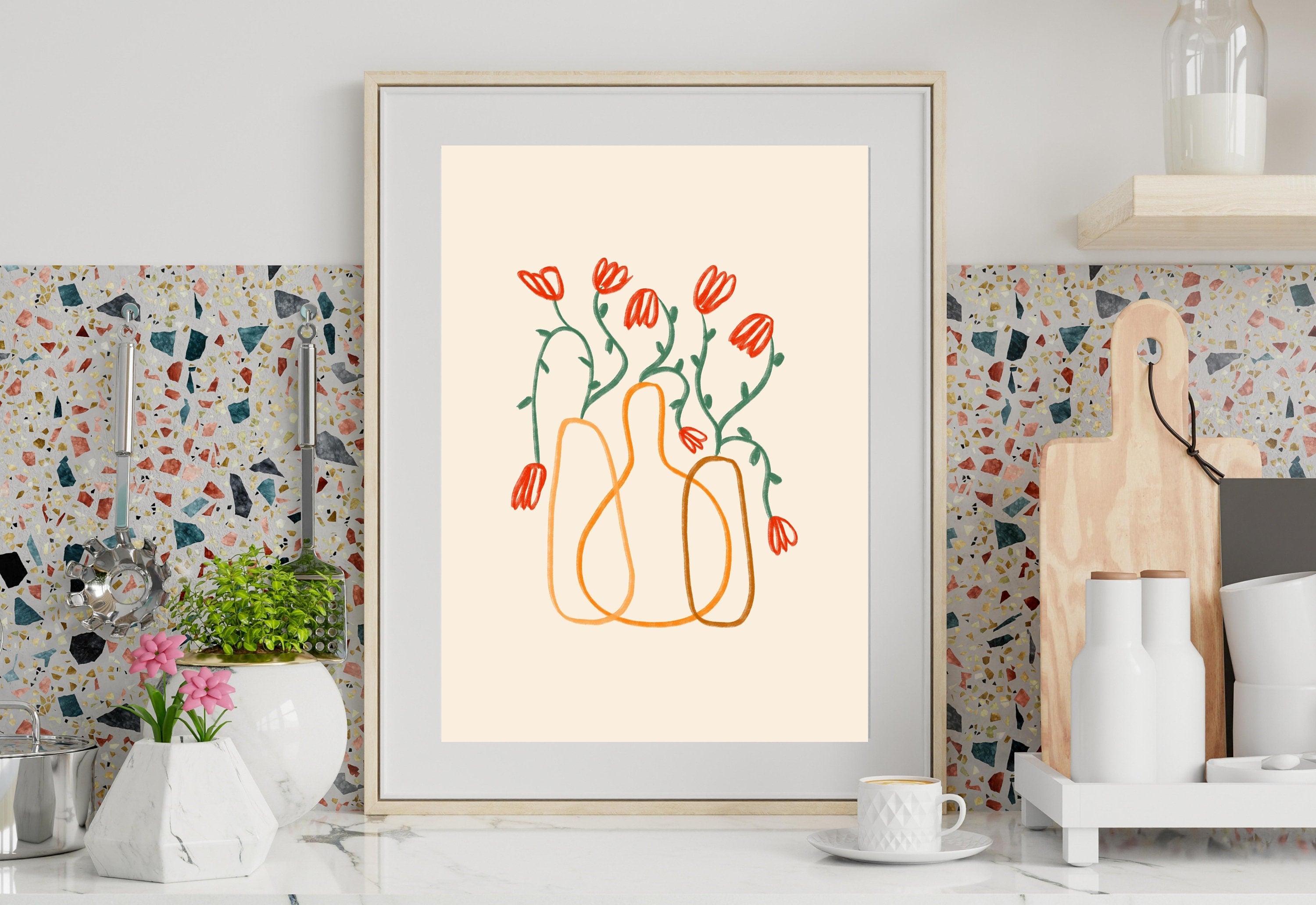 A digital art print with a bouquet of orange flowers in an orange vase, with a warm and inviting color palette.