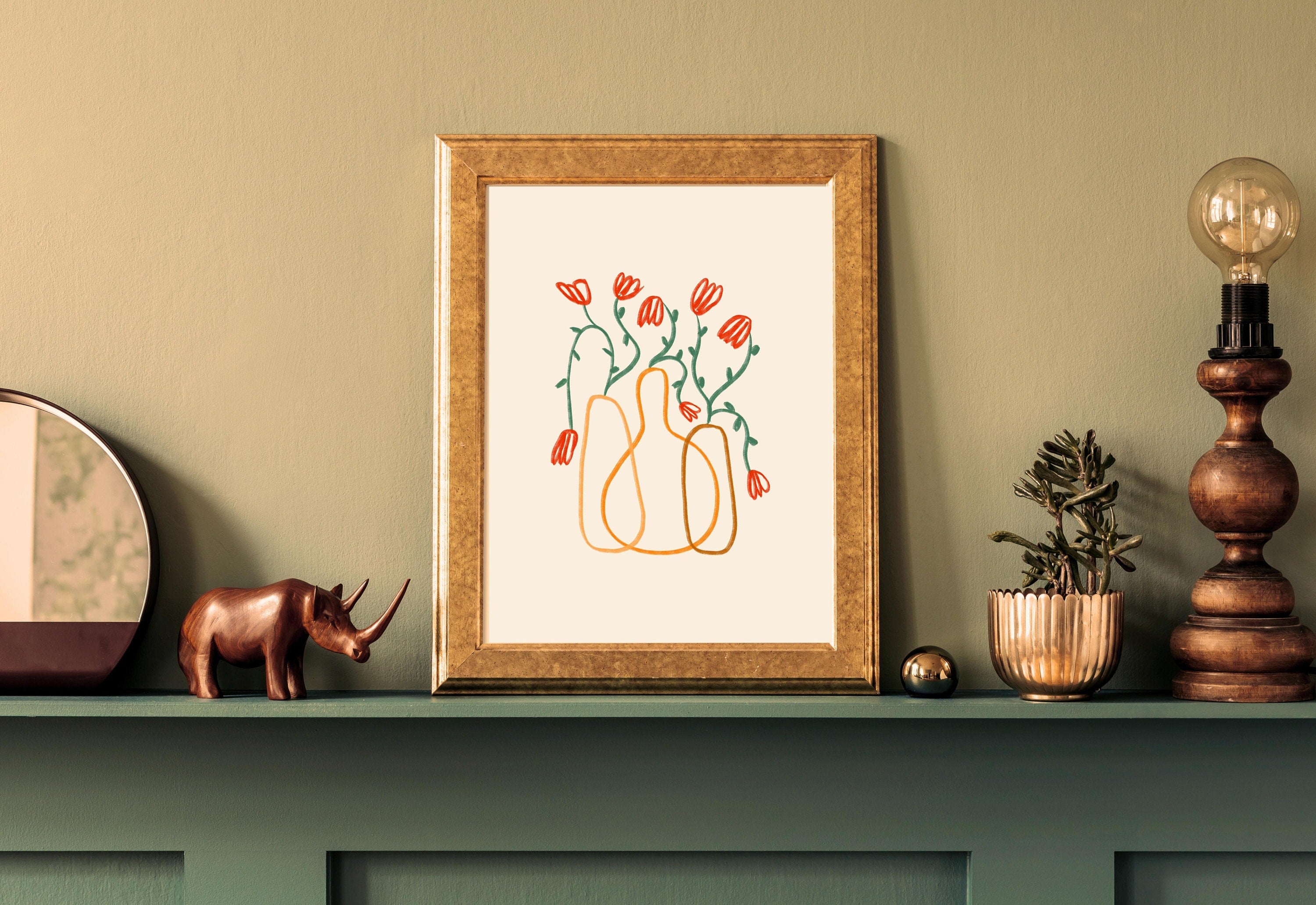 A digital art print featuring a bouquet of orange flowers in an orange vase, with a soft and diffused light that enhances the colors.