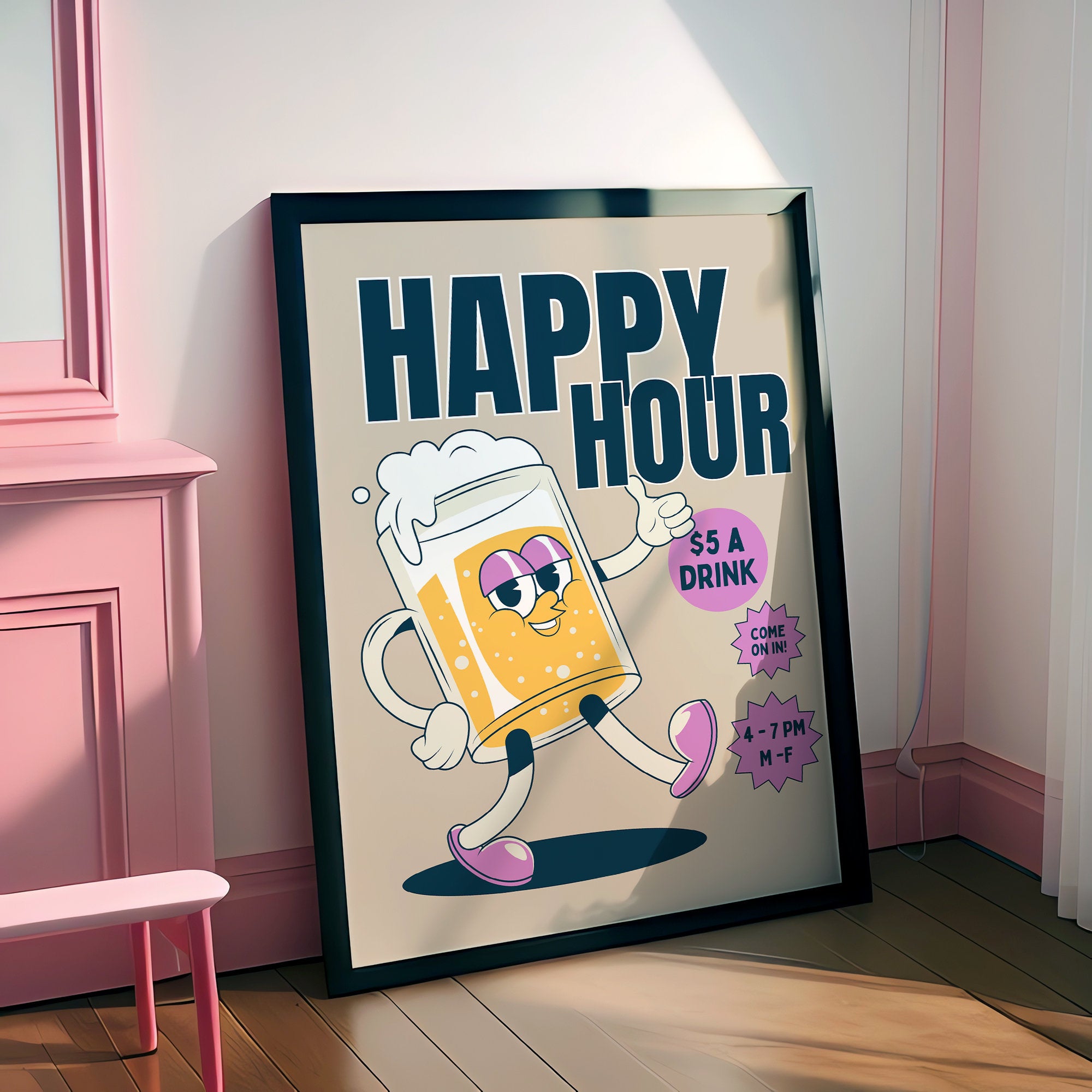 Happy Hour Poster-Bar Cart Wall Decor-Digital Download-Wall Print-Booked and Busy-Trendy Retro Art-70s Art Print-Retro Character