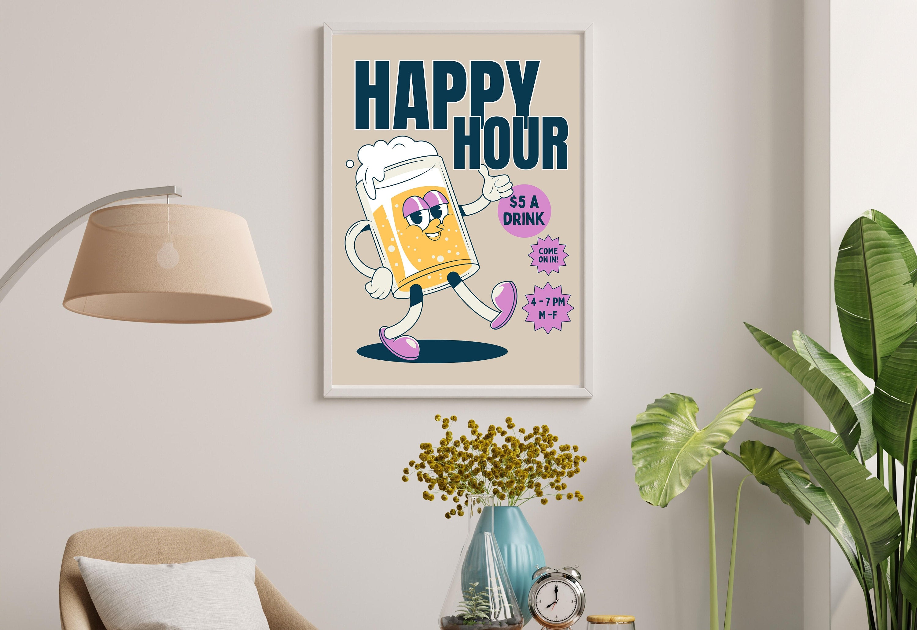 Happy Hour Poster-Bar Cart Wall Decor-Digital Download-Wall Print-Booked and Busy-Trendy Retro Art-70s Art Print-Retro Character