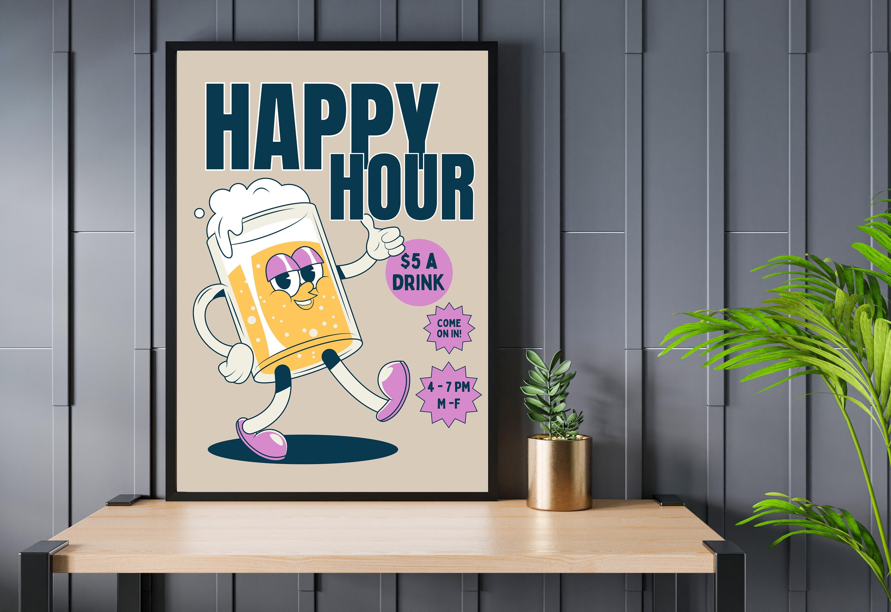 Happy Hour Poster-Bar Cart Wall Decor-Digital Download-Wall Print-Booked and Busy-Trendy Retro Art-70s Art Print-Retro Character