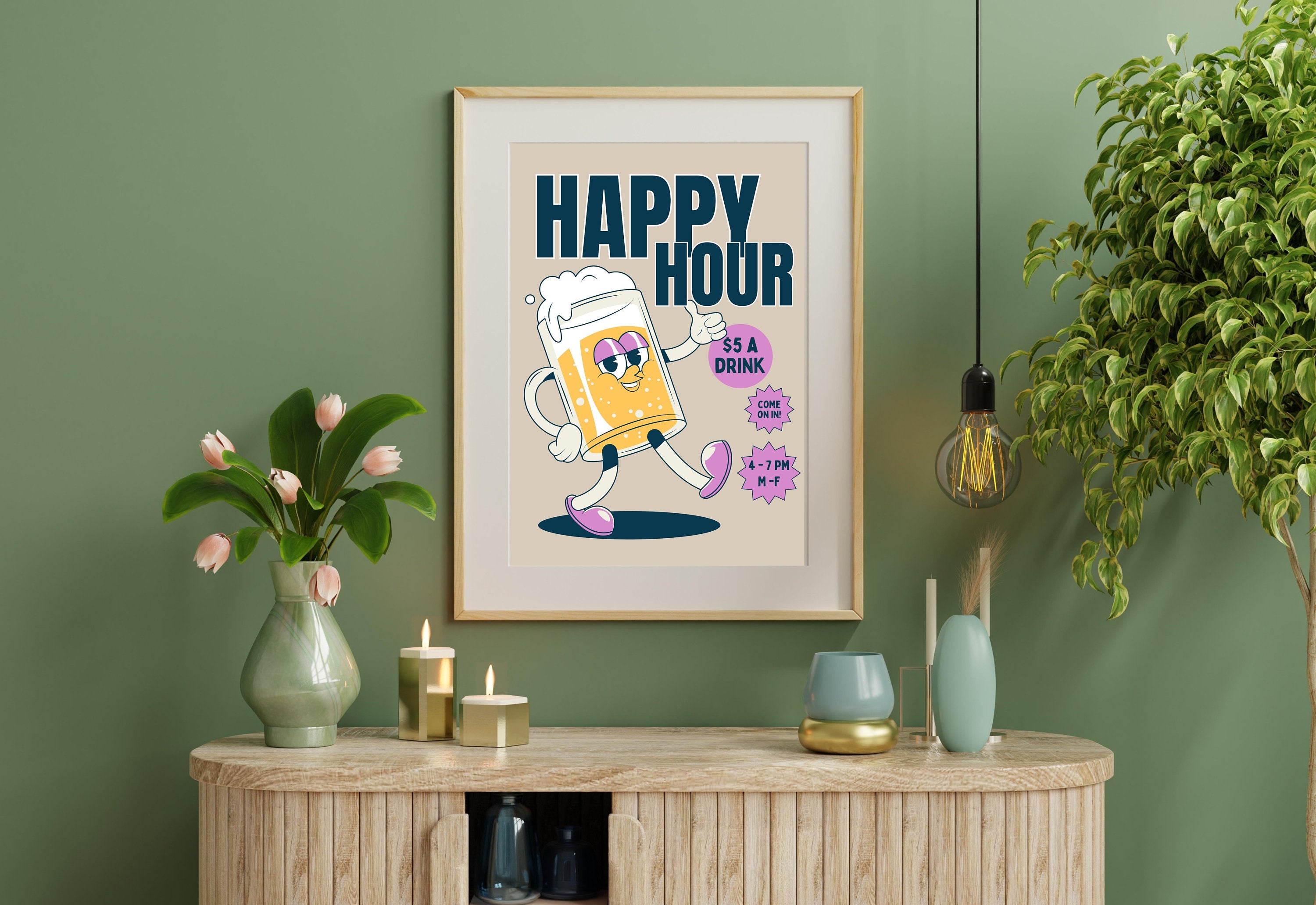 Happy Hour Poster-Bar Cart Wall Decor-Digital Download-Wall Print-Booked and Busy-Trendy Retro Art-70s Art Print-Retro Character