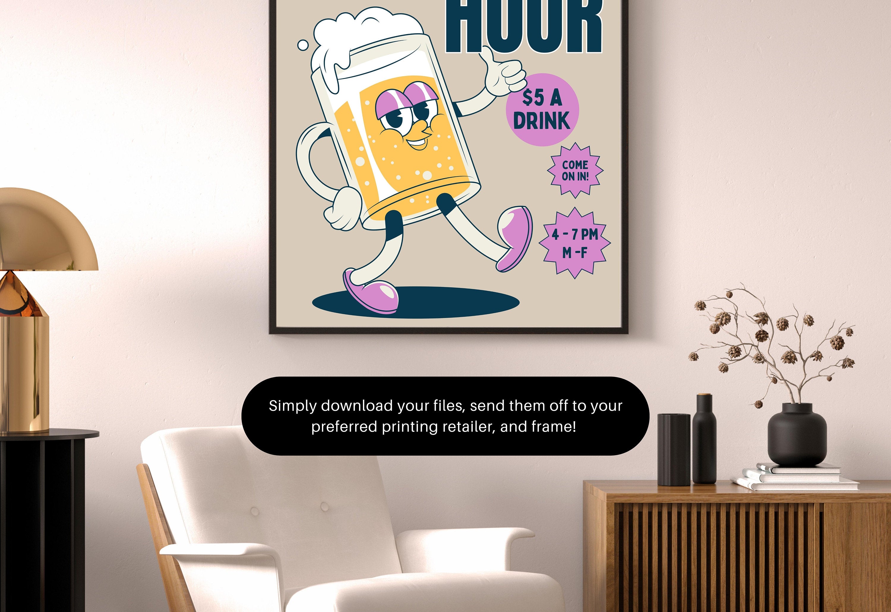 Happy Hour Poster-Bar Cart Wall Decor-Digital Download-Wall Print-Booked and Busy-Trendy Retro Art-70s Art Print-Retro Character